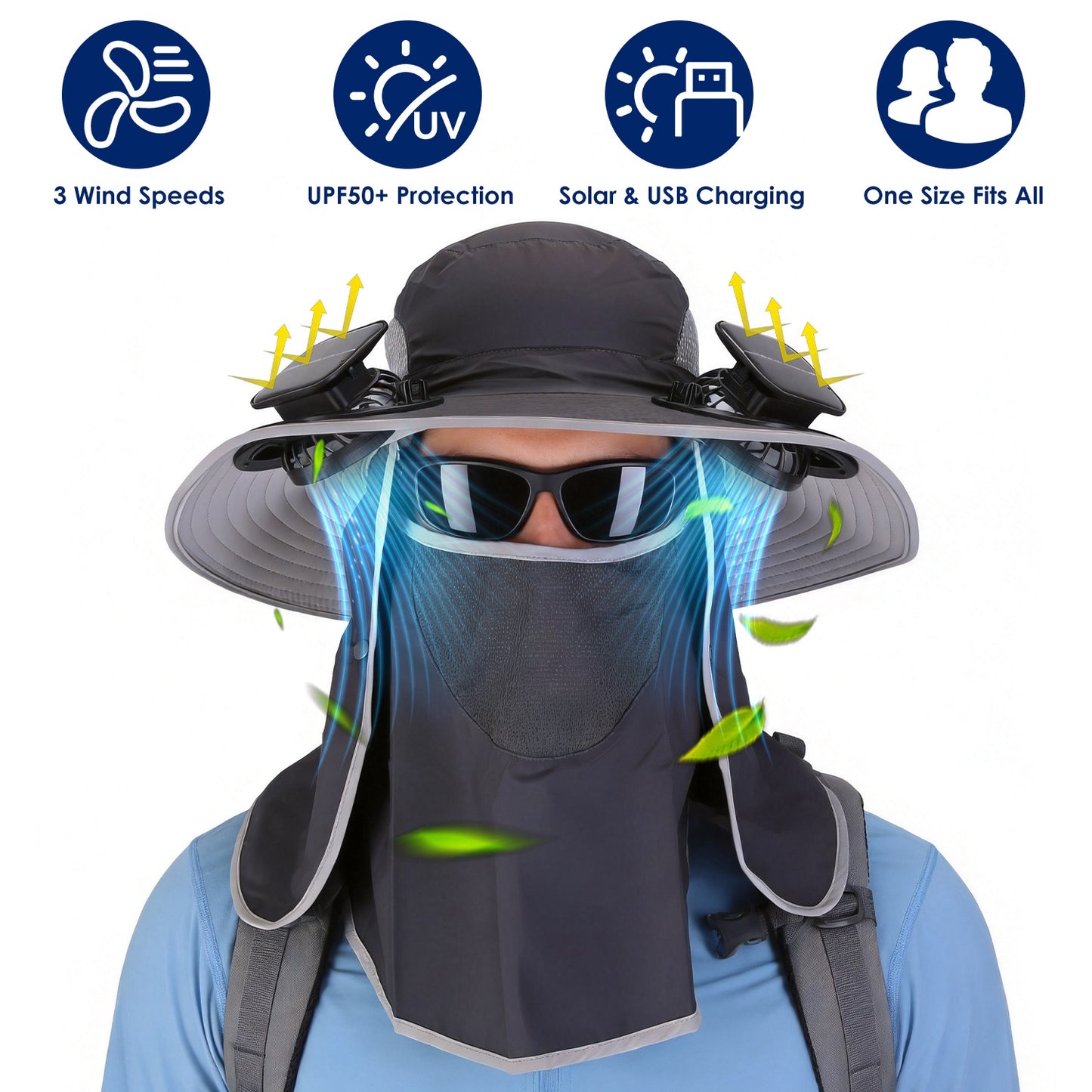 Solar Fan Hat with UPF50+ Sun Protection and Neck Flap