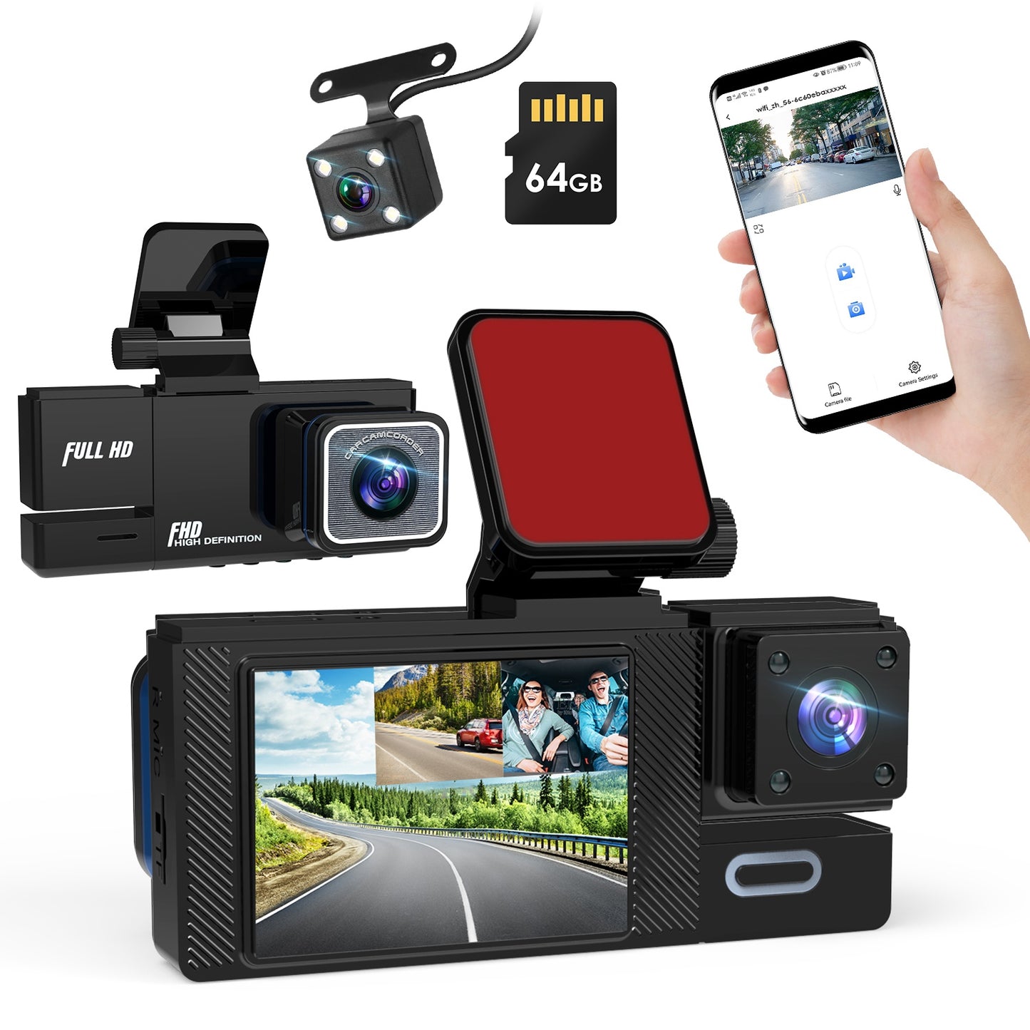 3-Channel Car Dash Cam with WiFi and Night Vision