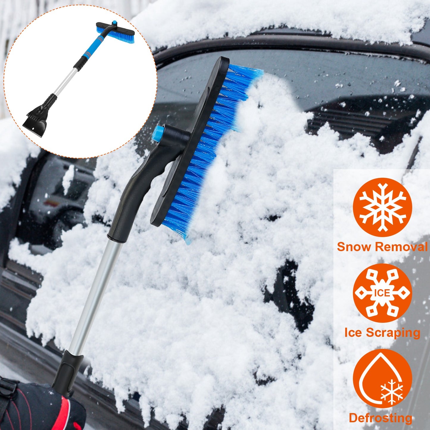Extendable Snow Brush and Ice Scraper with Pivoting Head