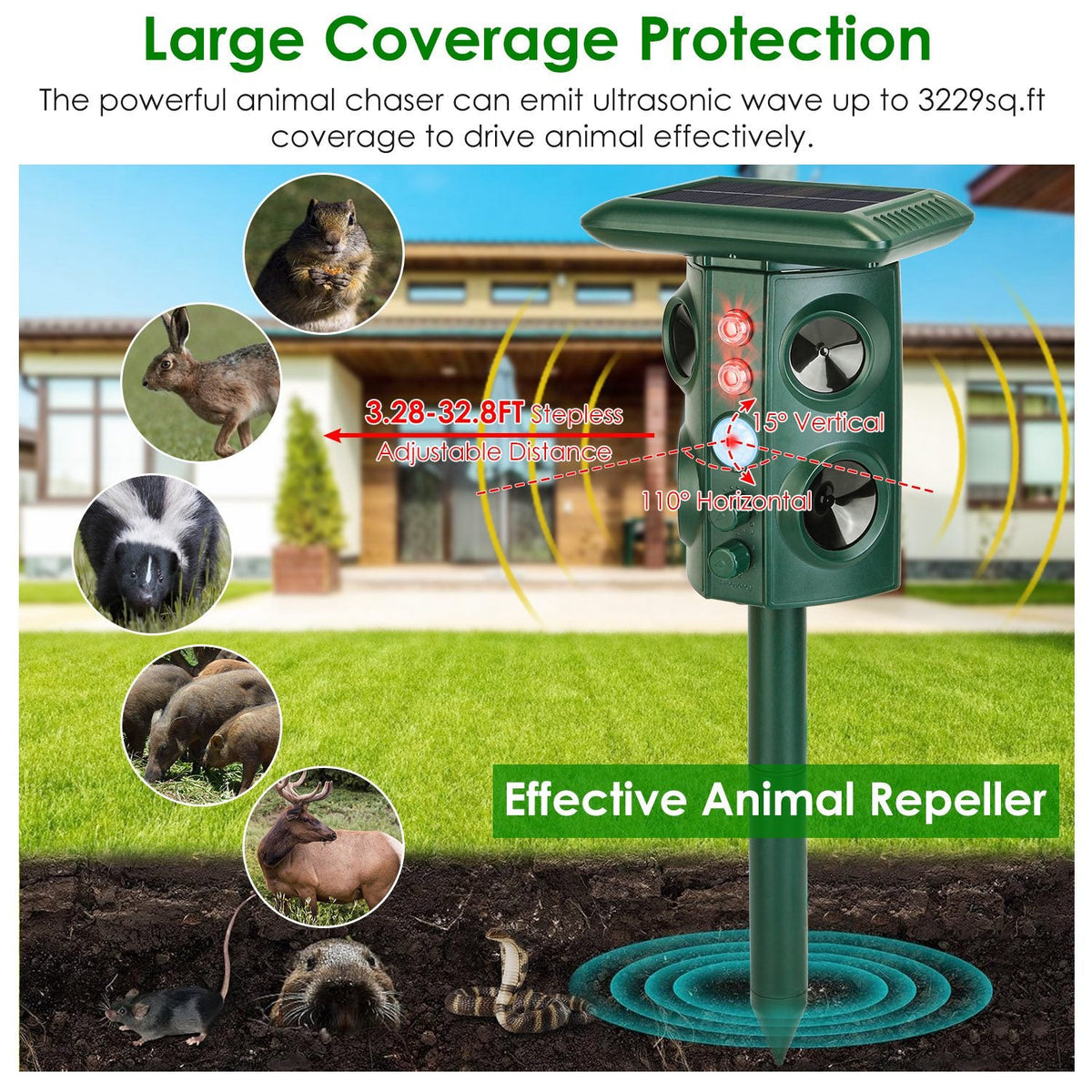 Solar Ultrasonic Animal Repeller Solar Powered Animal Repellent Chaser with PIR Motion Sensor IP54 Waterproof Sound Flashing Light for Deer Raccoon Sq