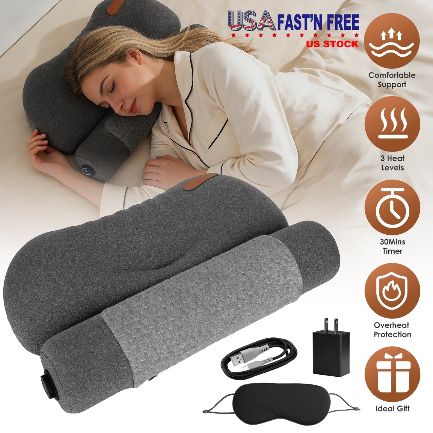 Heated Memory Foam Neck Pillow with 3-Level Heat Therapy