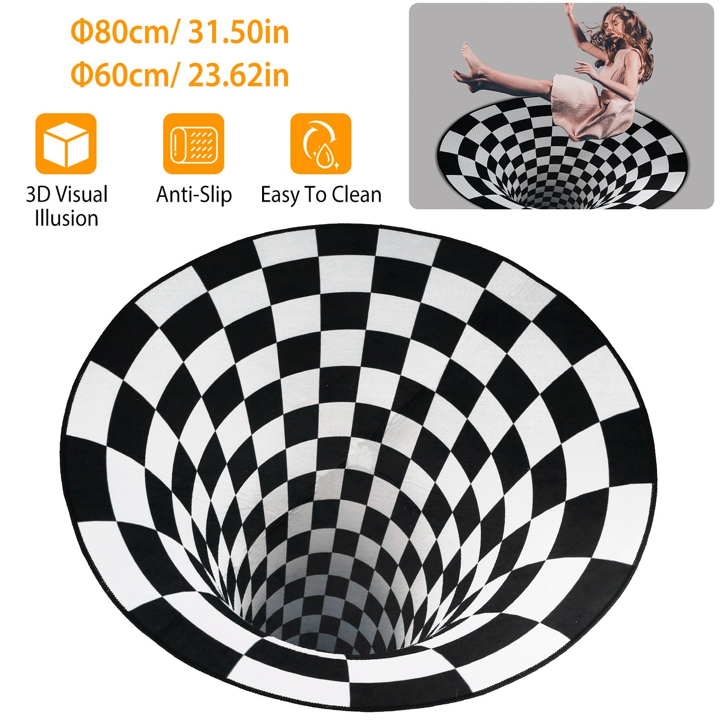 3D Illusion Round Area Rug - Black & White Checkered Design