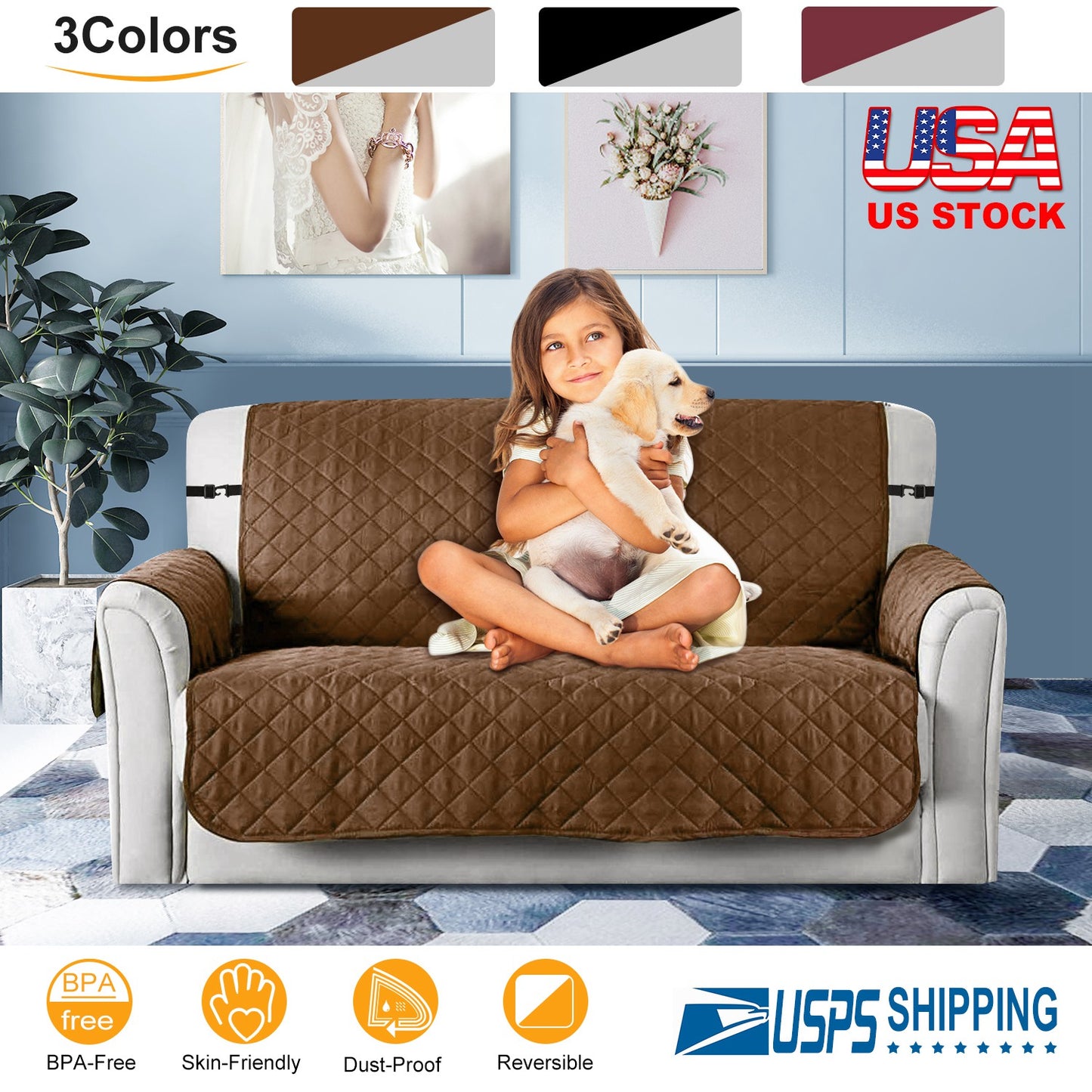 Reversible Sofa Cover with Elastic Straps - Water-Resistant