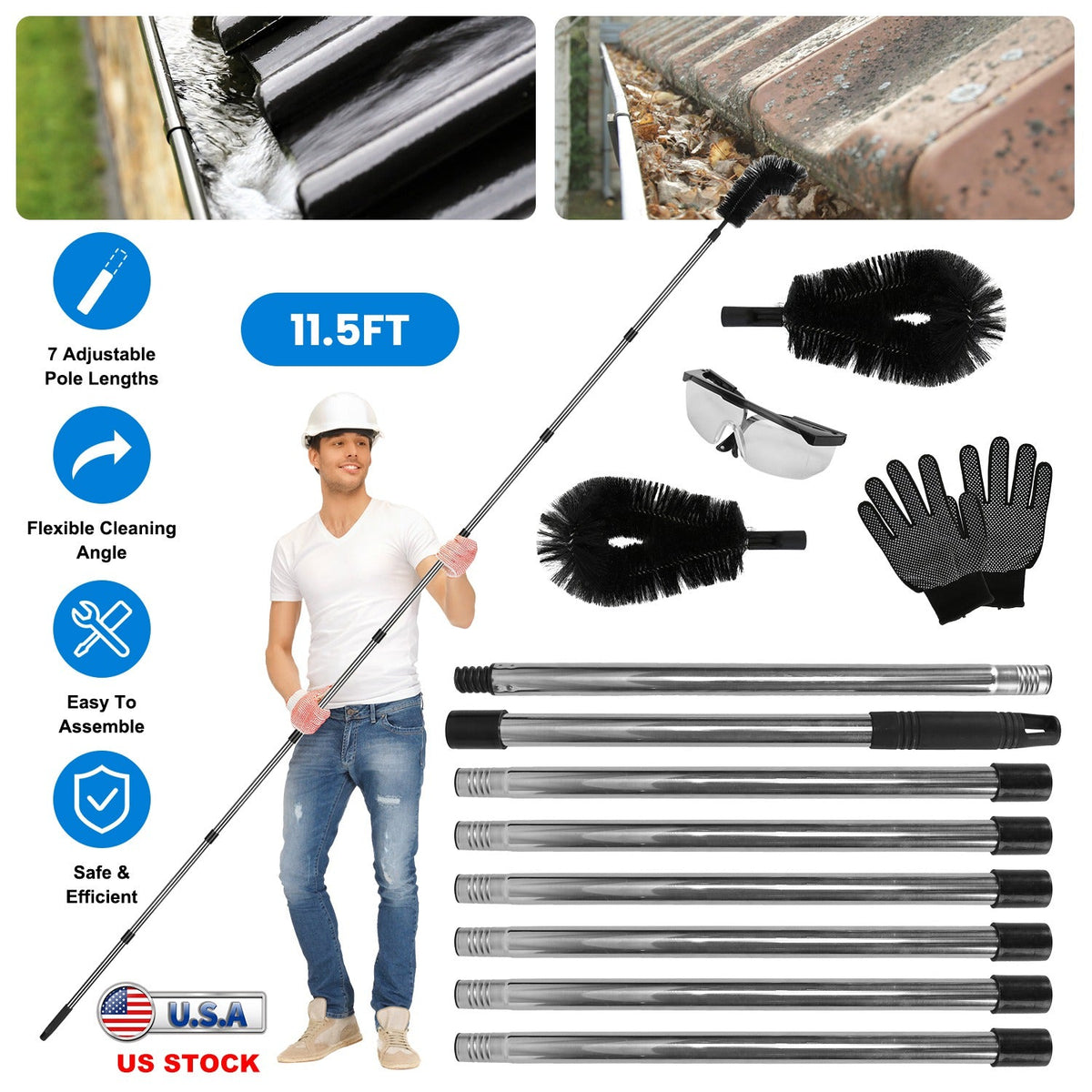 11.5FT Gutter Cleaning Brush With Telescoping Handle Rain Gutter Cleaner Extendable Gutter Cleaning Tool From The Ground with 2 Angled Brushes Anti-sl