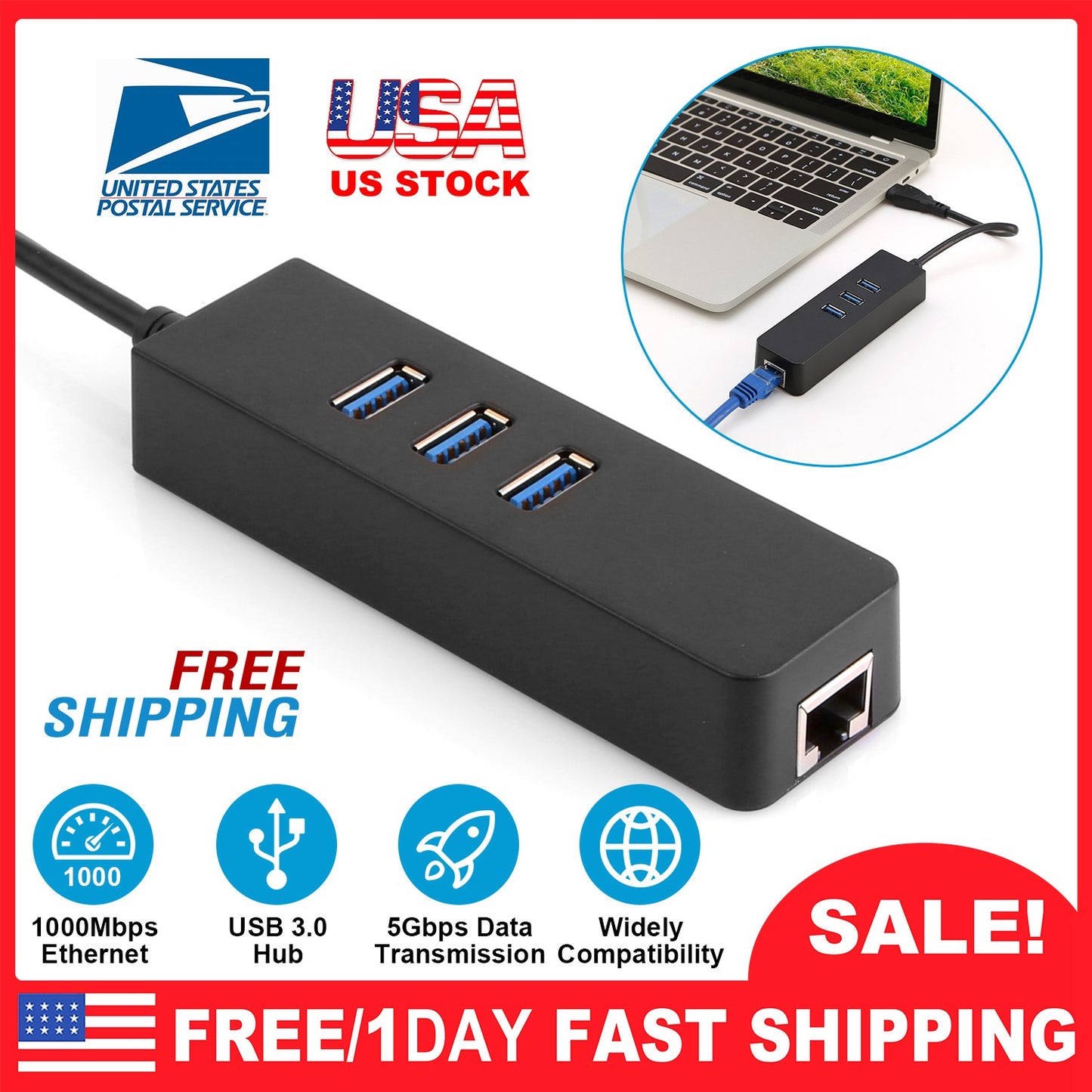 USB 3.0 Hub with Gigabit Ethernet Adapter - 3 Port