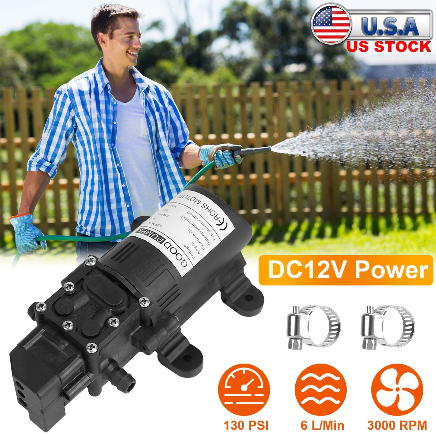 12V Water Pump 130PSI Self-Priming Diaphragm Pump 6L/Min