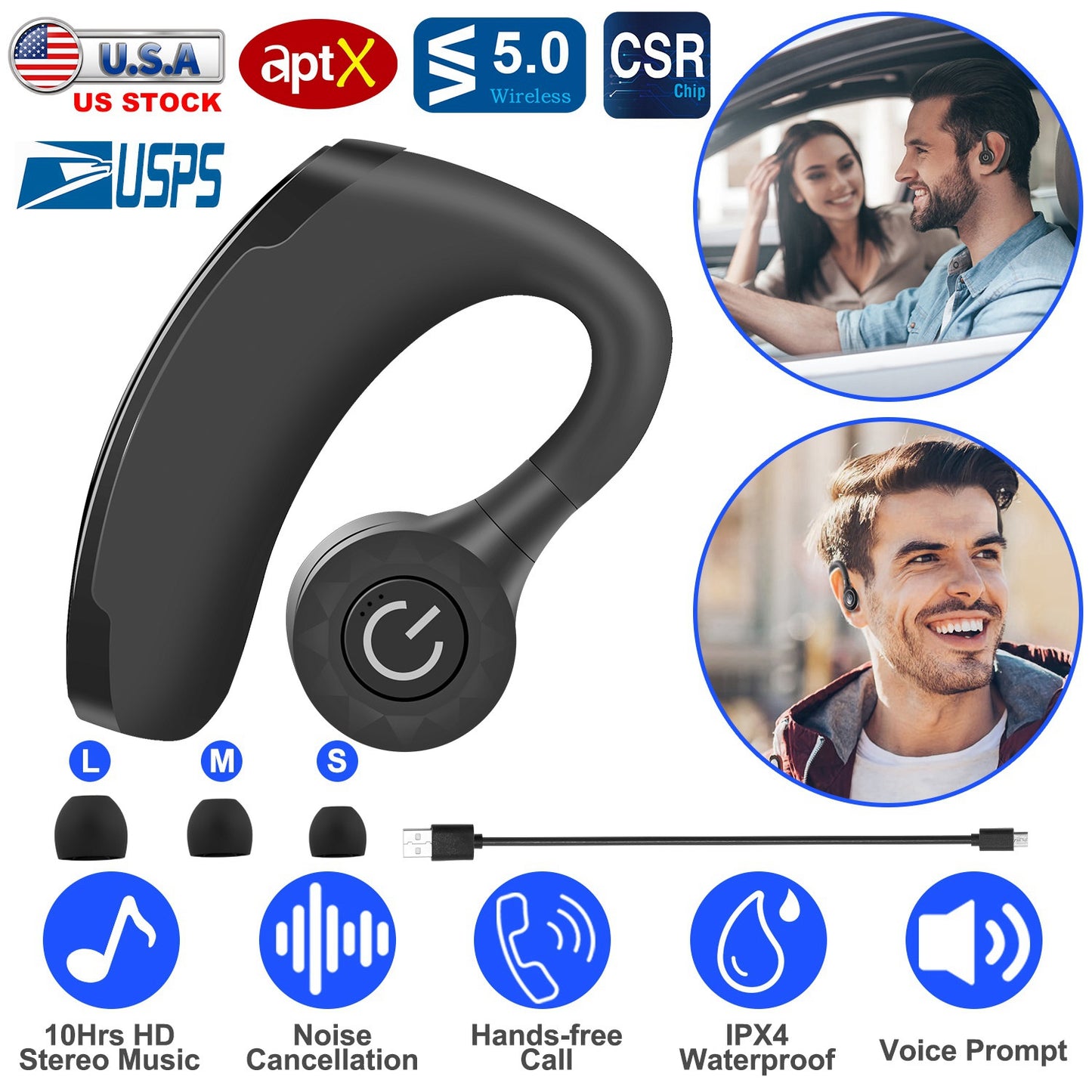 Wireless Bluetooth Earbuds with Ear Hook & 10Hr Playtime
