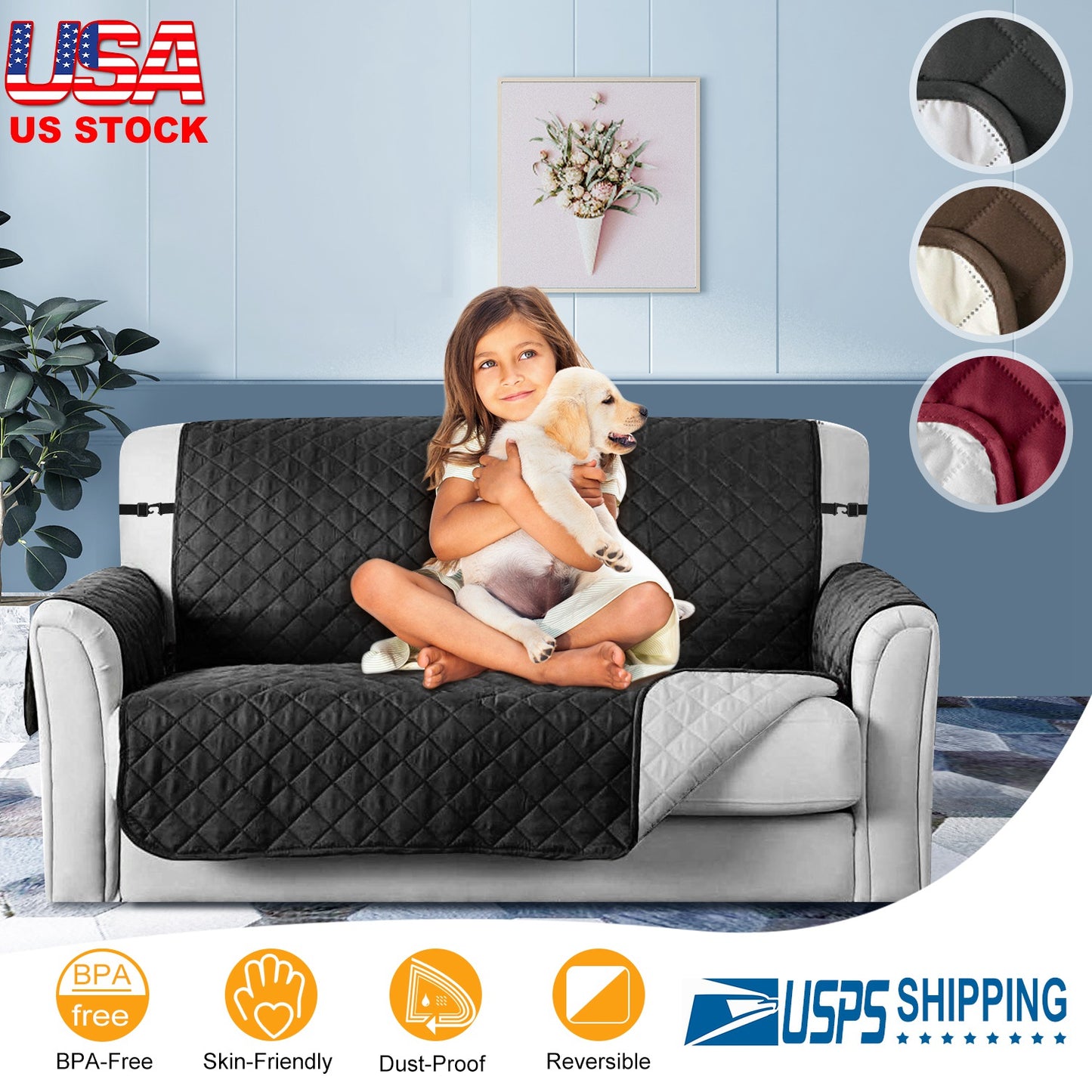 Reversible Sofa Cover with Elastic Straps - Water-Resistant