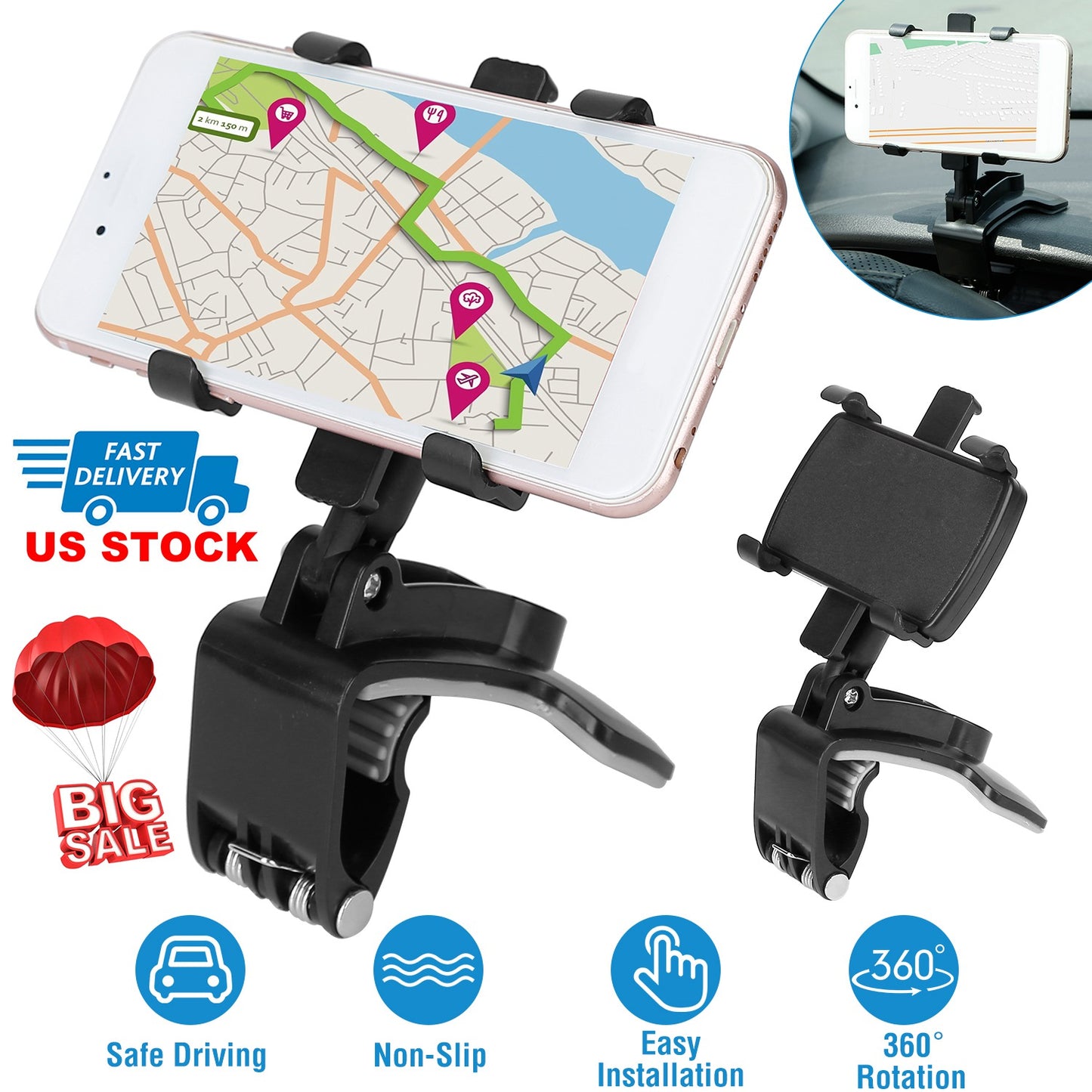 Dashboard Phone Holder with 360° Rotation for 3-7 Inch Phones