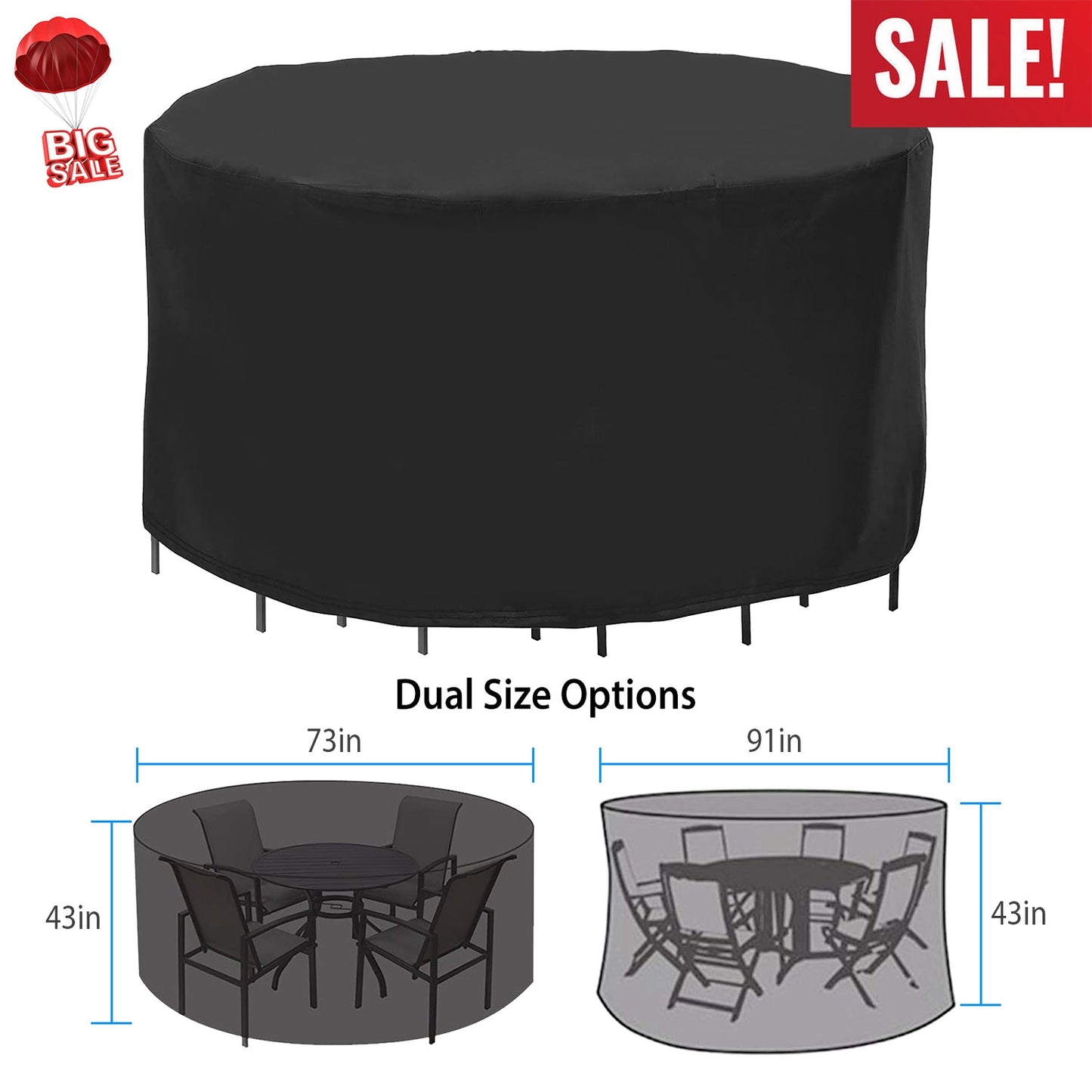 Round Patio Furniture Cover 73x43in - UV & Water Resistant