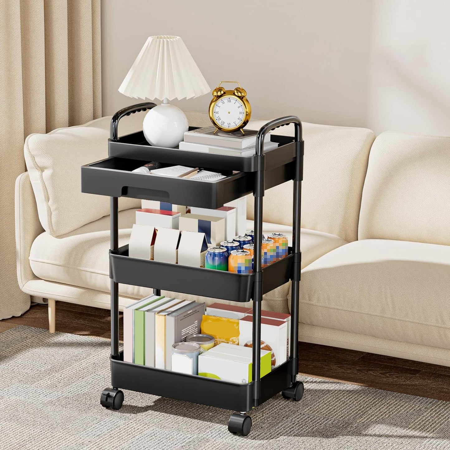 3-Tier Rolling Utility Cart with Drawer and Lockable Wheels