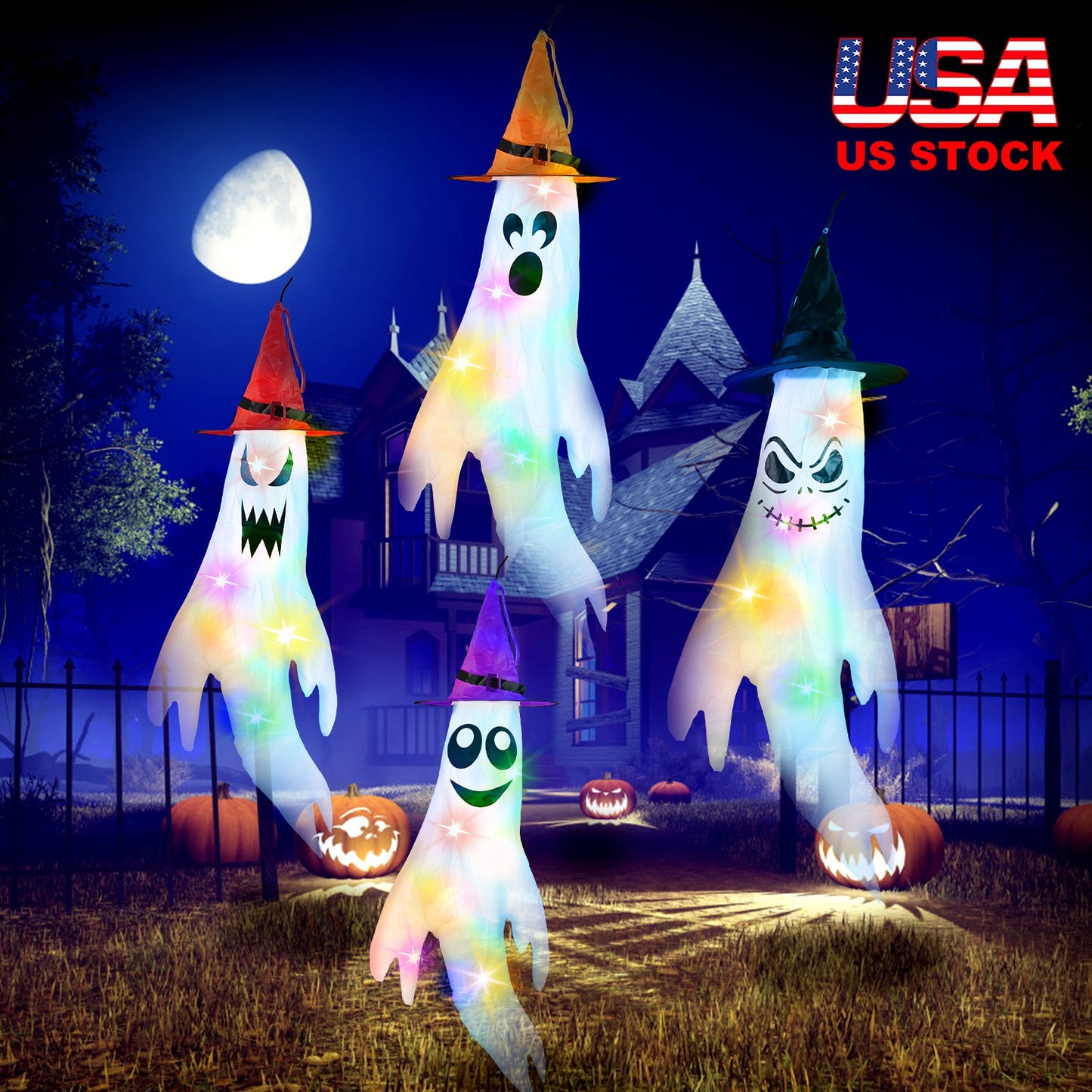 Halloween Ghost Windsocks with Witch Hats & LED Lights (4-Pack)