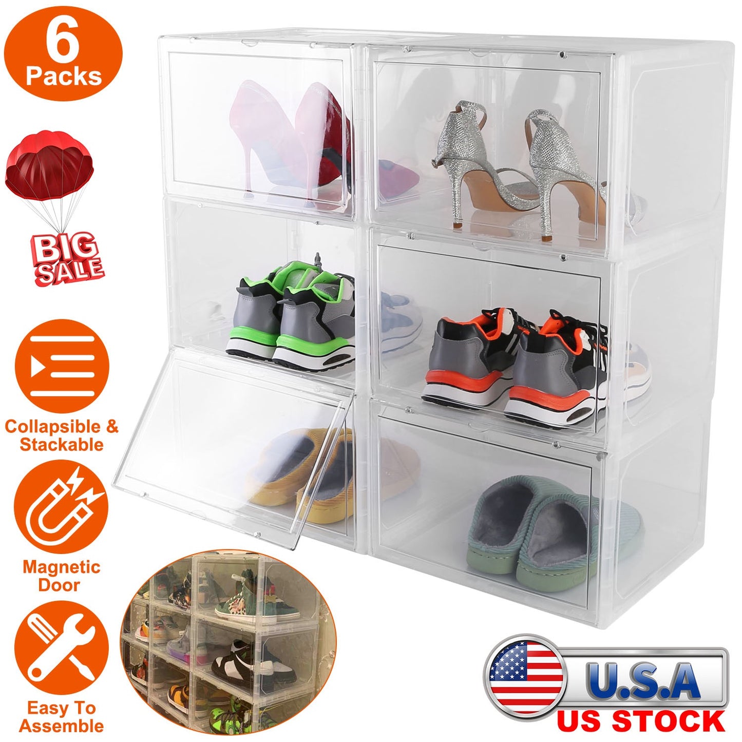 Stackable Shoe Storage Box with Magnetic Door - 6 Pack