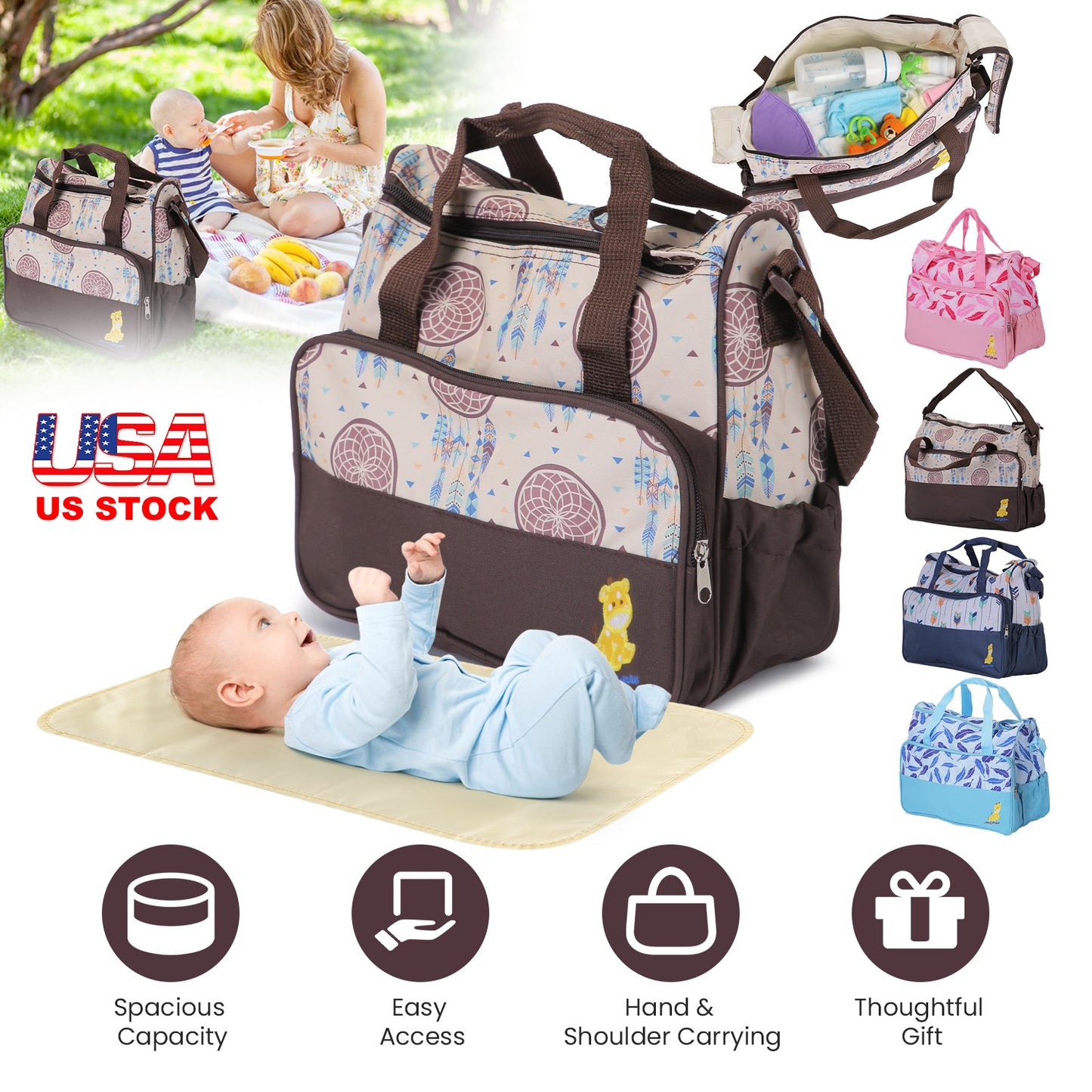 5-Piece Diaper Bag Set with Bottle Bag and Changing Pad