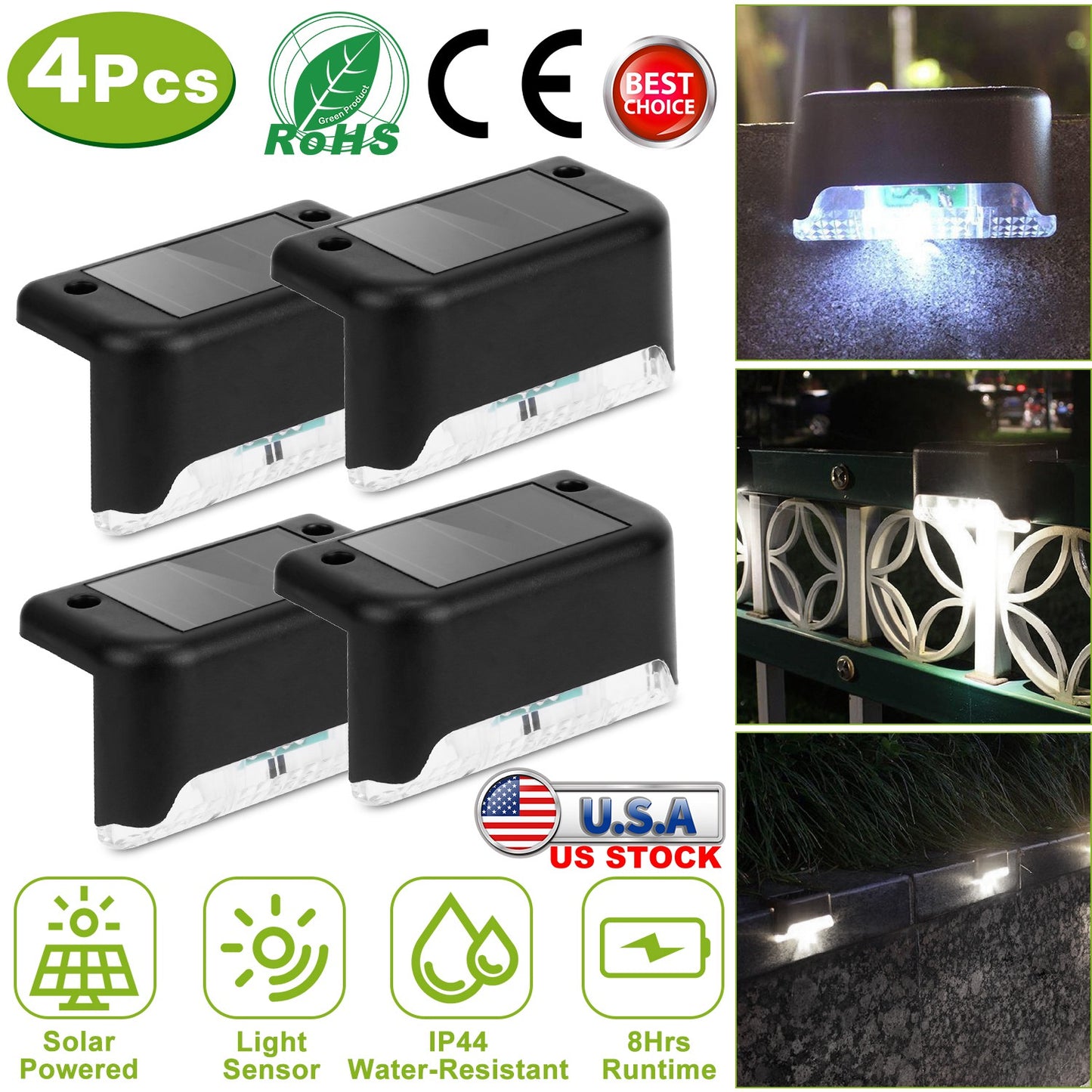 Solar Powered LED Step Lights - 4 Pack Outdoor Deck Stairs