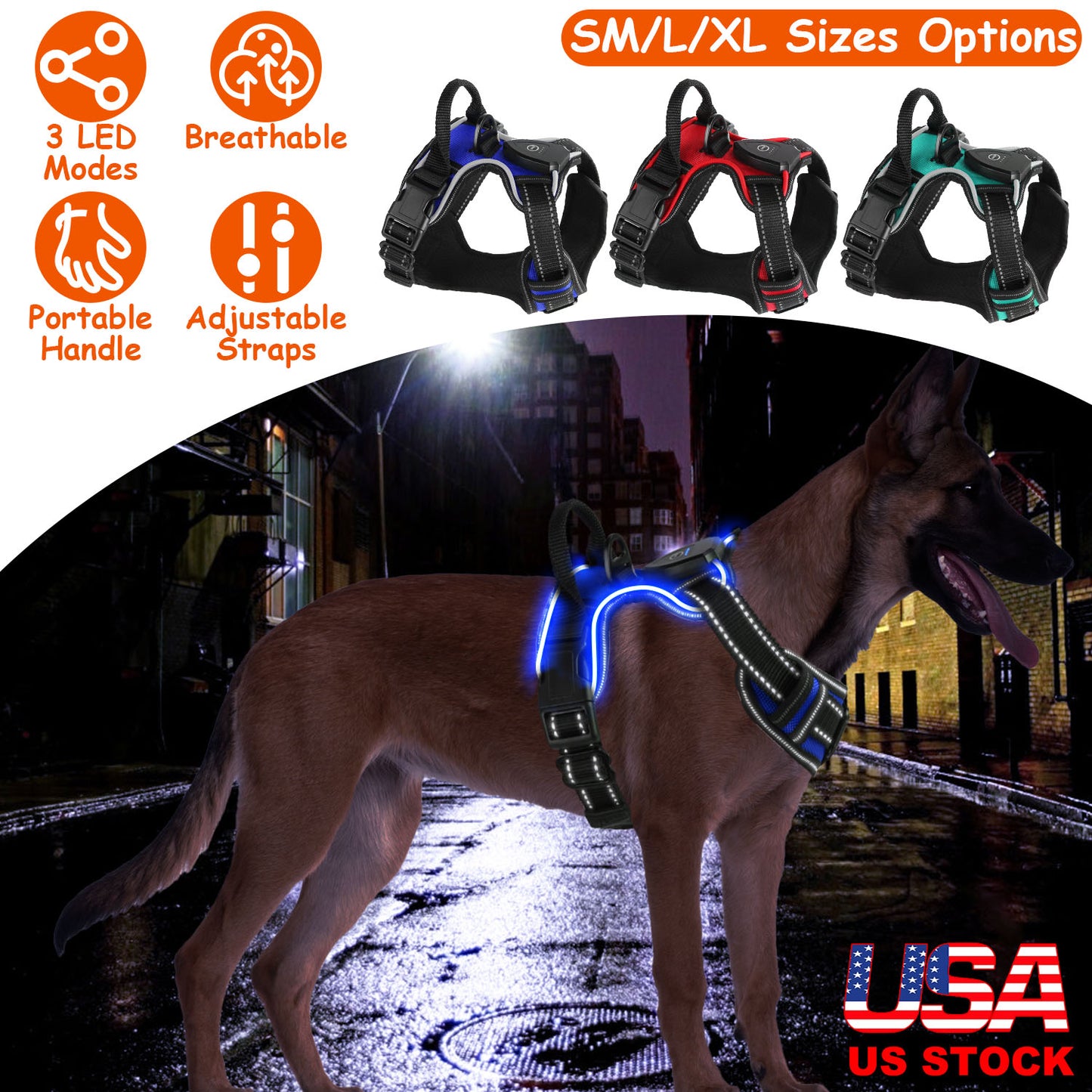 LED Dog Harness Rechargeable No-Pull Vest with Handle