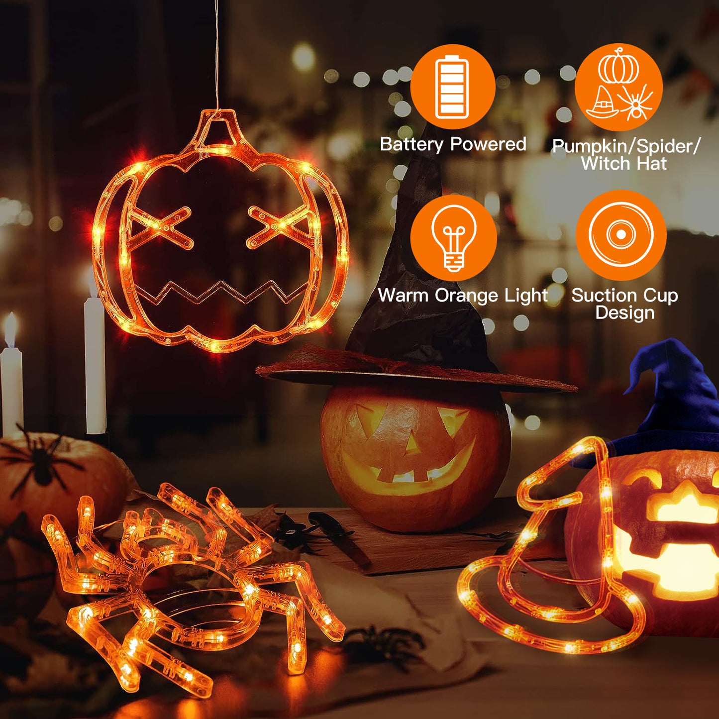 Halloween Window Light Set - Spider, Witch Hat & Pumpkin