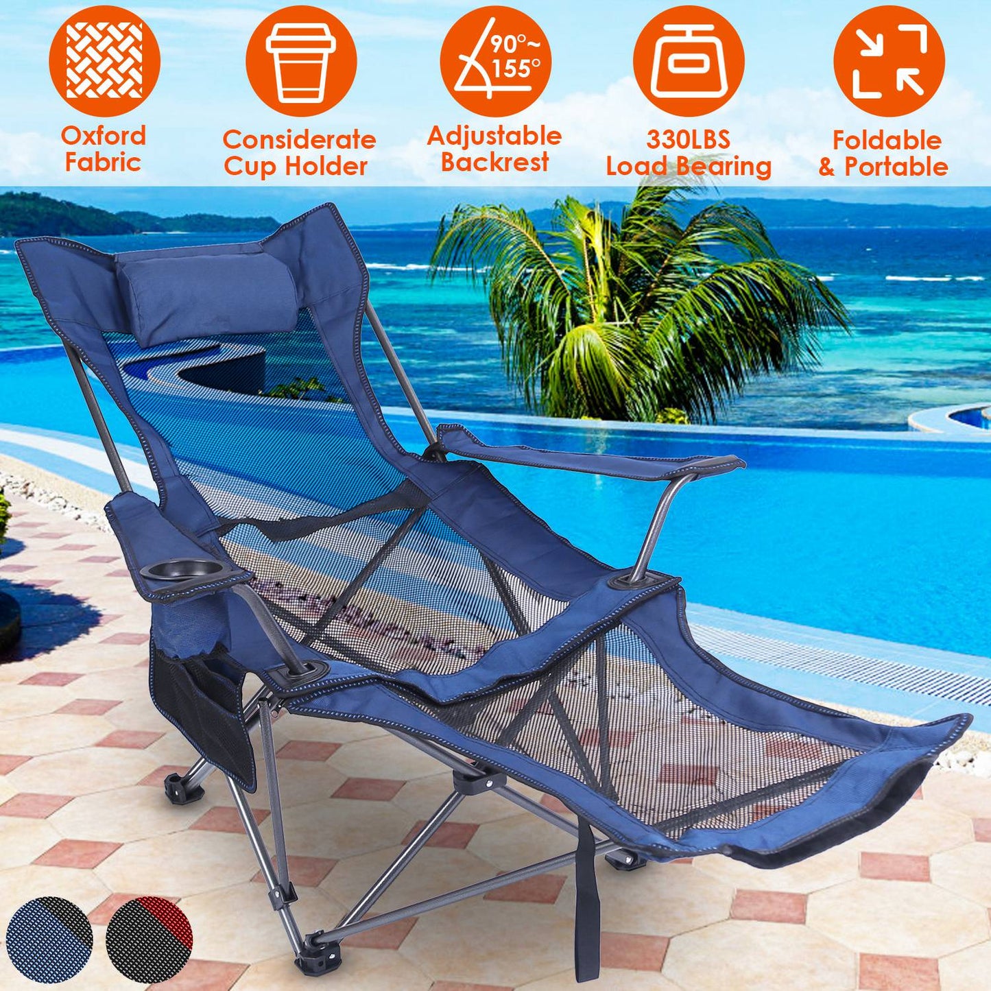 Foldable Camping Chair with Reclining Backrest - 330 LBS Capacity