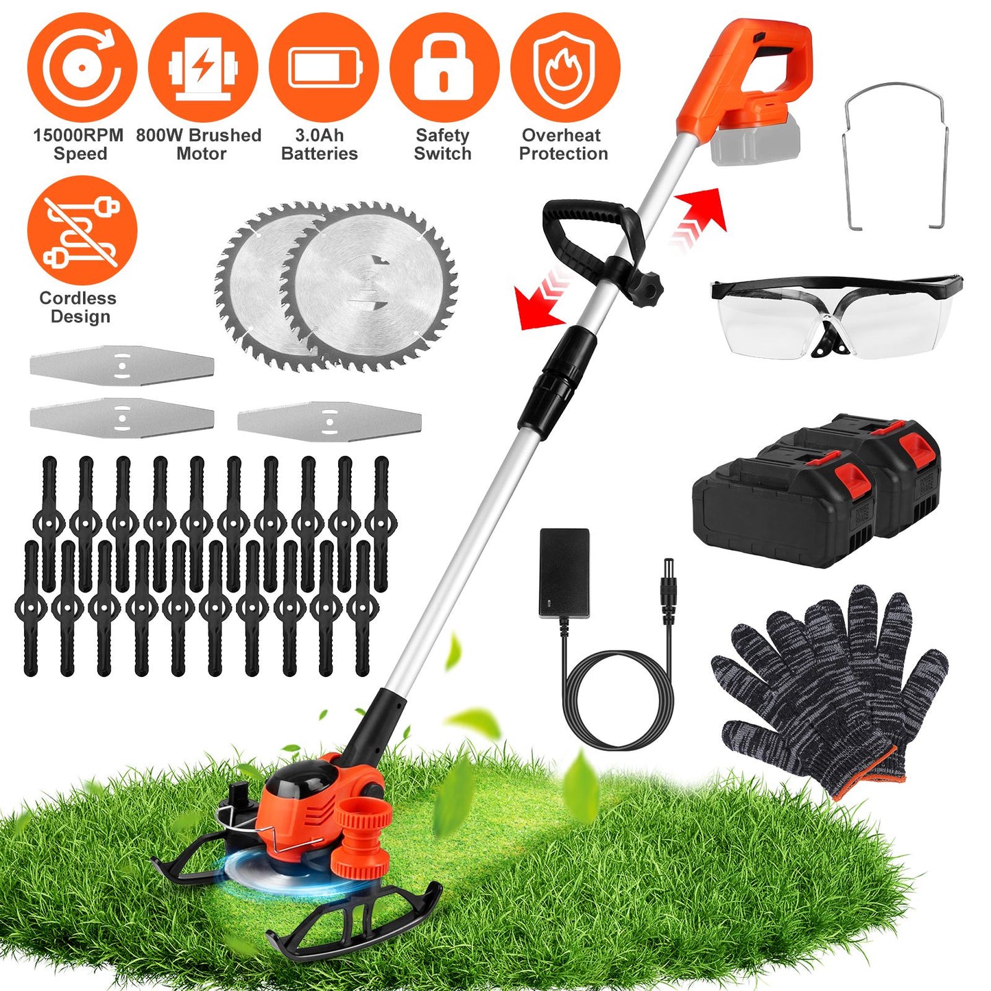 Cordless Grass Trimmer with Wheels & 2 Batteries