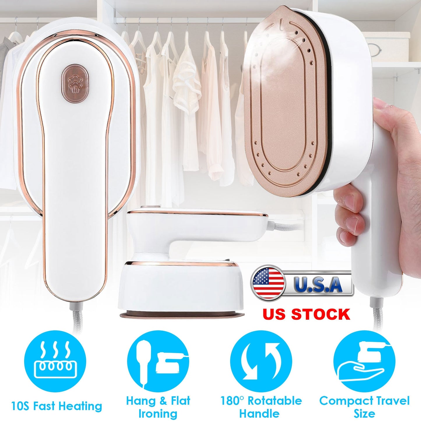 Portable Handheld Garment Steamer with 180° Rotatable Handle