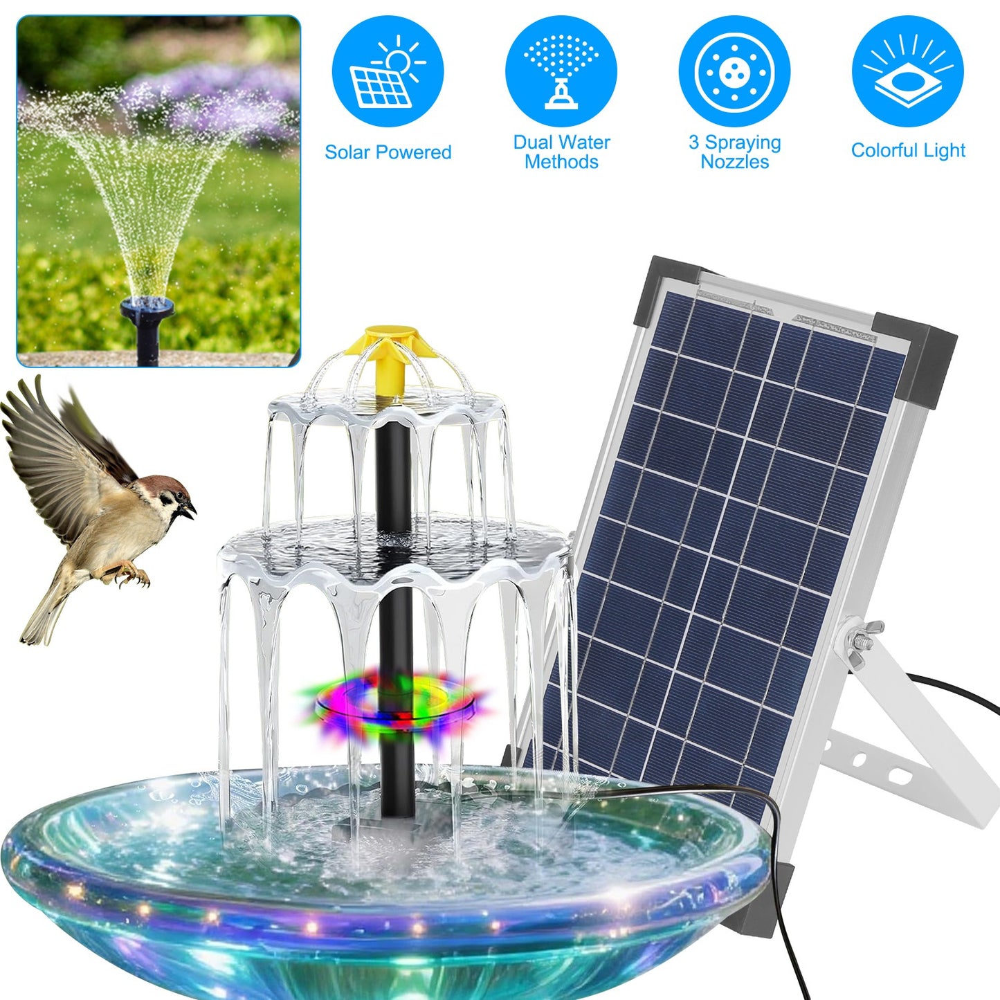 Solar Bird Bath Fountain with LED Lights & Battery Backup