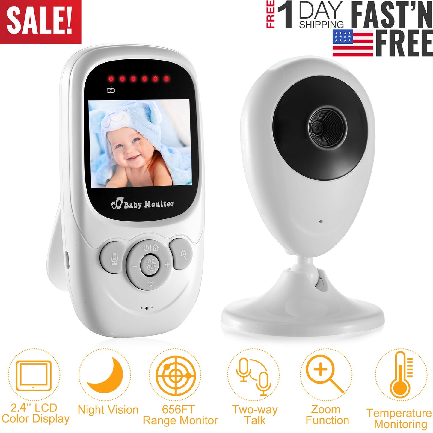 Video Baby Monitor with 2.4" LCD Screen and Night Vision