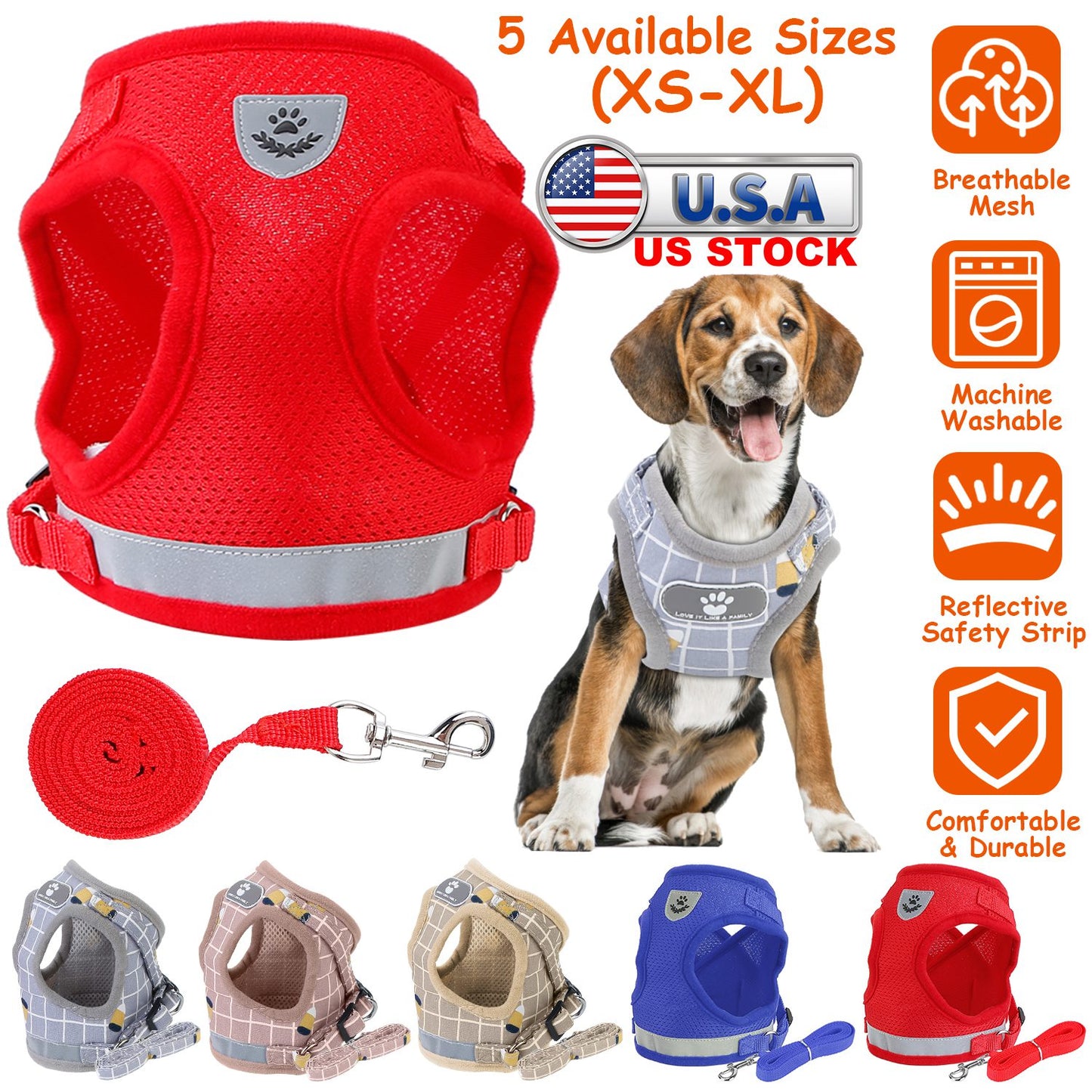 Reflective Dog Harness and Leash Set with Adjustable Mesh Vest