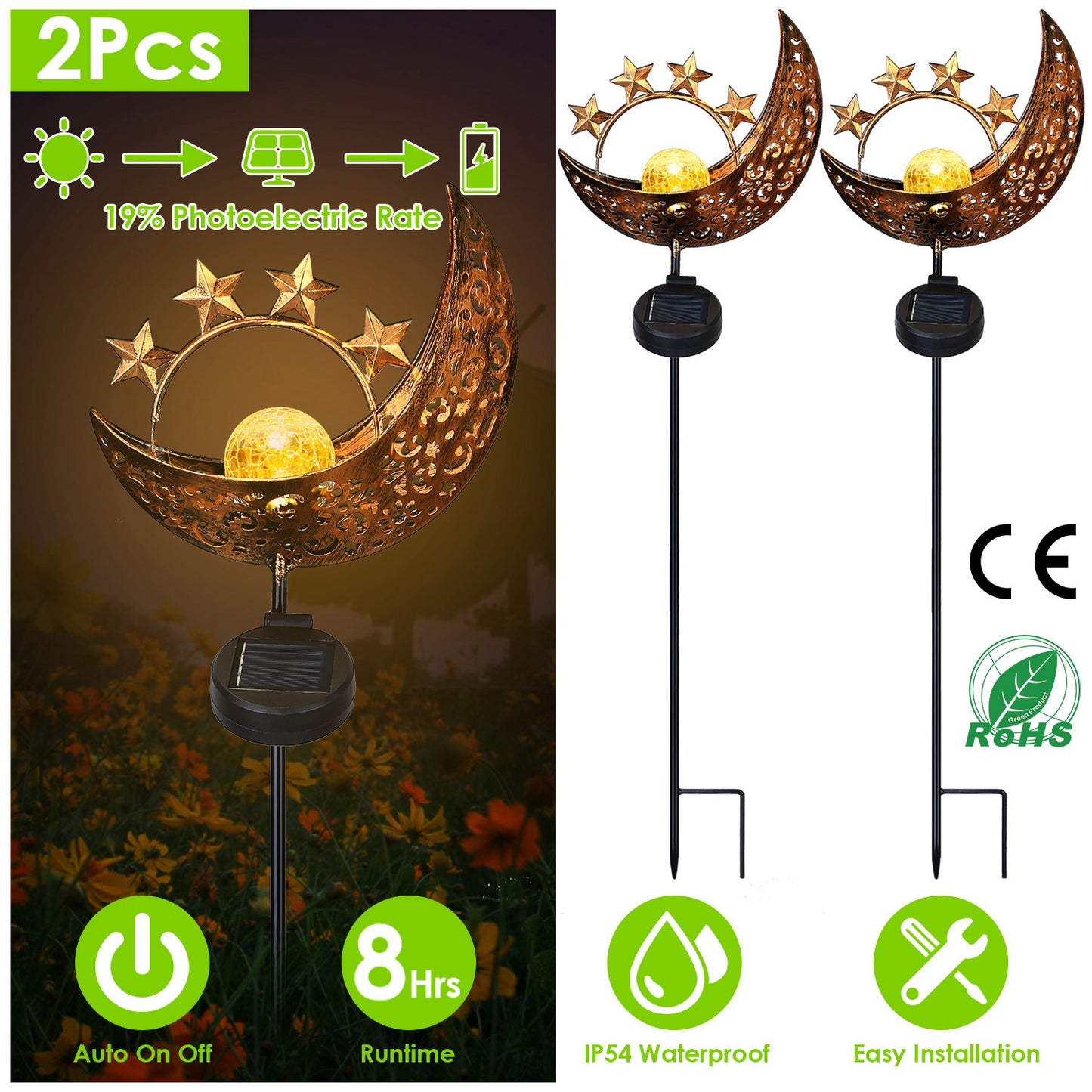 Solar Moon Star Garden Stake Light with Crackle Glass Globe