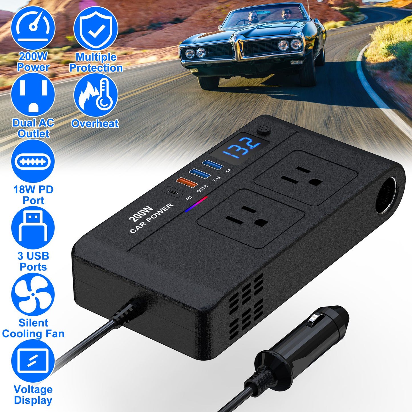 200W Car Power Inverter DC 12V to AC 110V with USB Ports