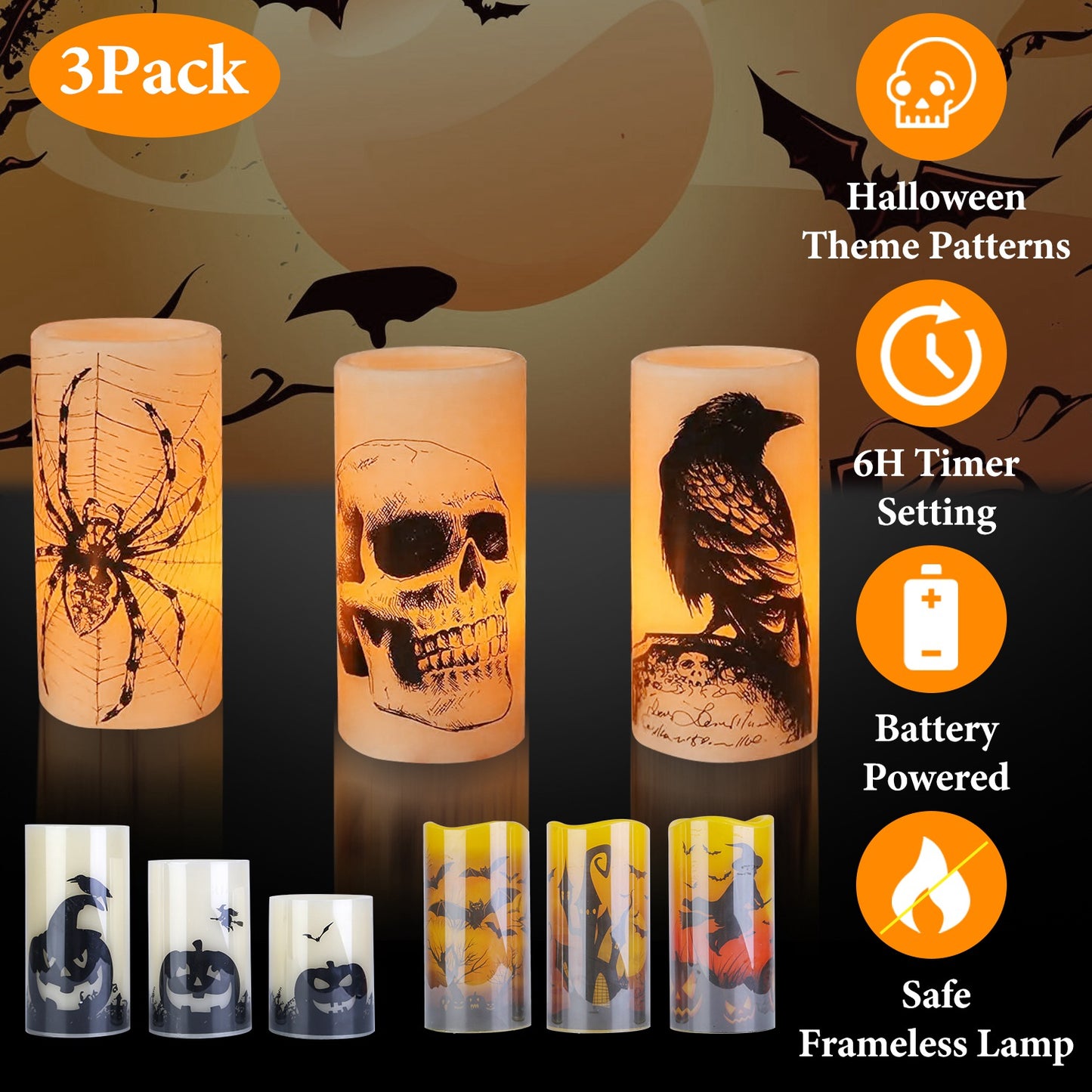 Flameless Halloween Candles with Timer - 3 Pack LED Battery Operated