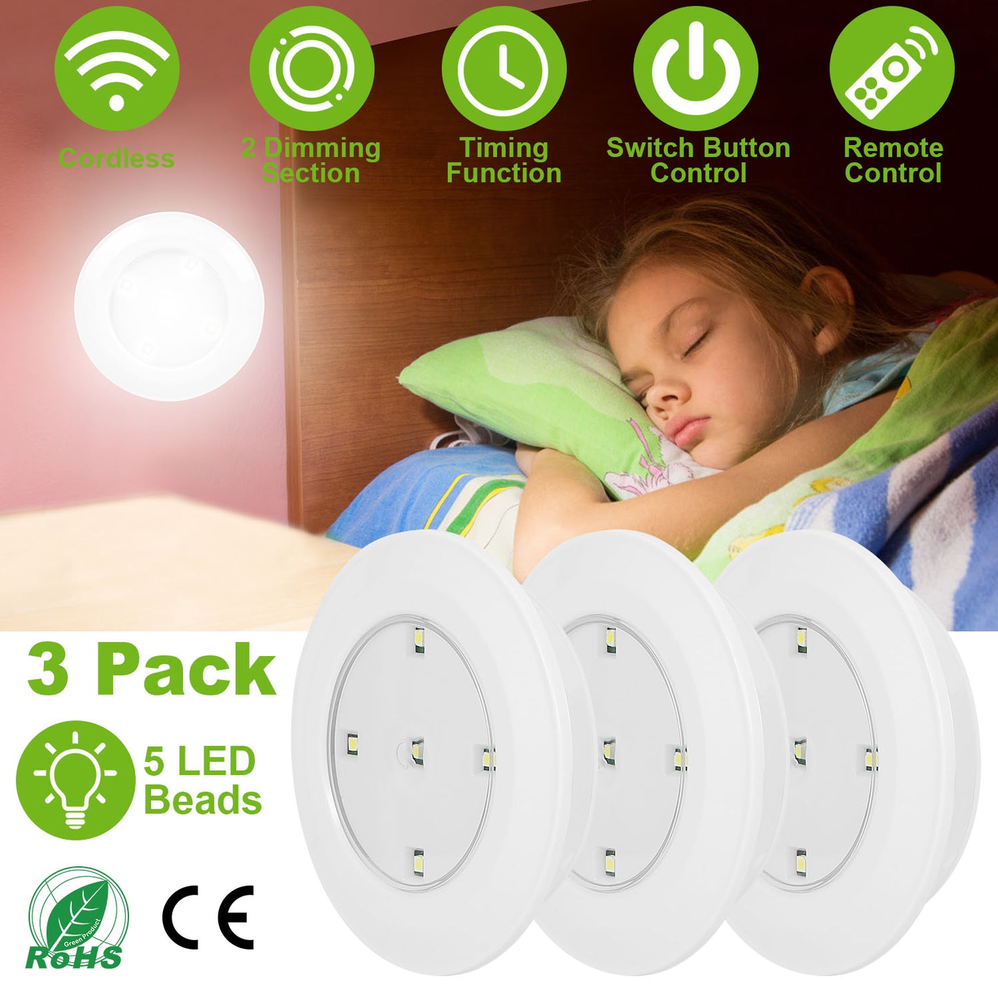 LED Night Light 3-Pack with Remote - Battery Powered Puck Lights