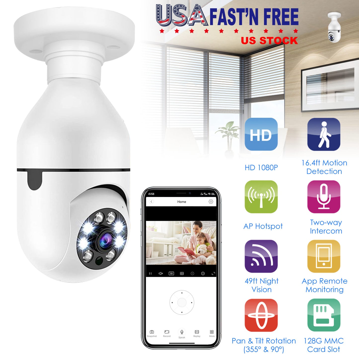 E27 WiFi Bulb Security Camera 1080P with Night Vision
