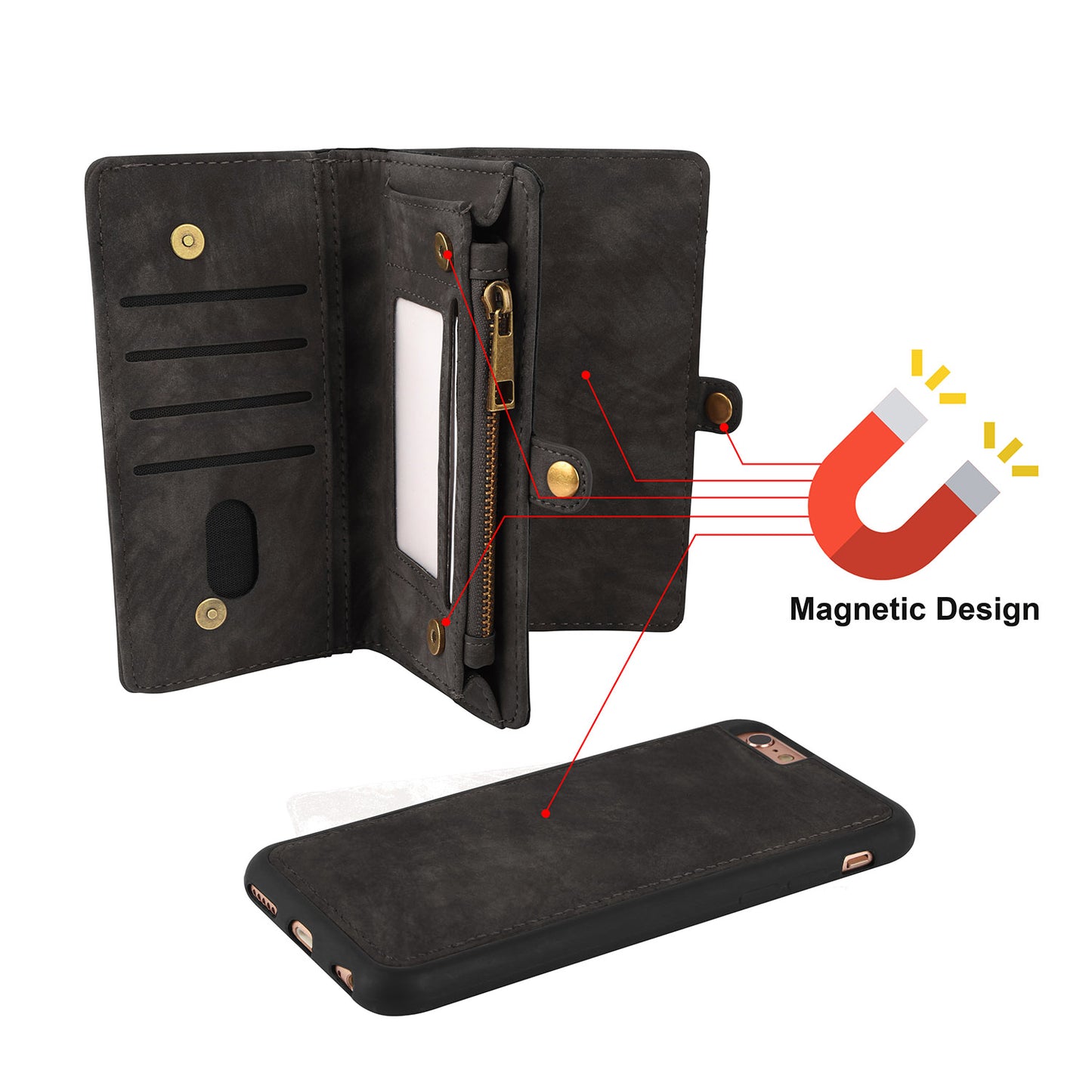 iPhone 6 Wallet Case with Detachable Magnetic Phone Holder