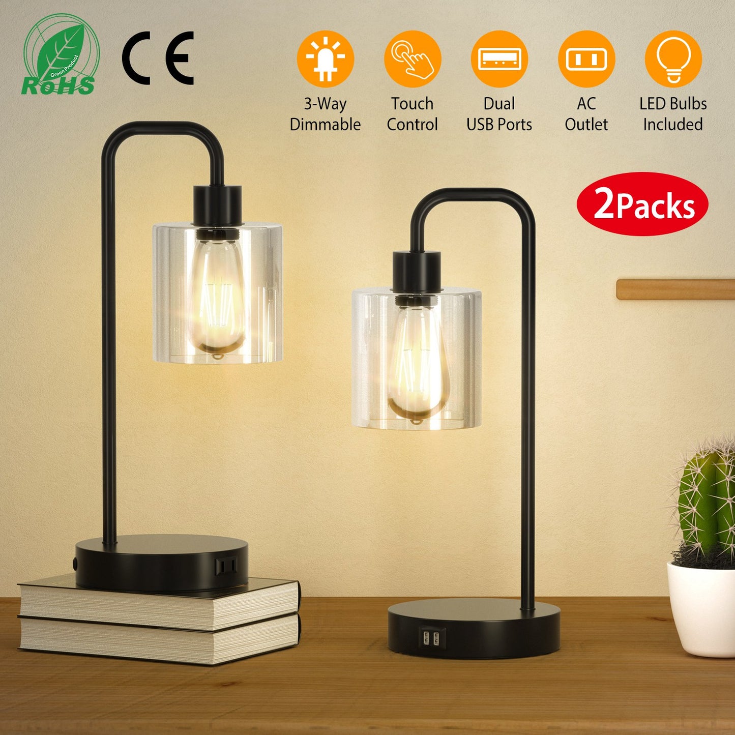 Touch Control Table Lamp with USB Ports & Dimmable Light