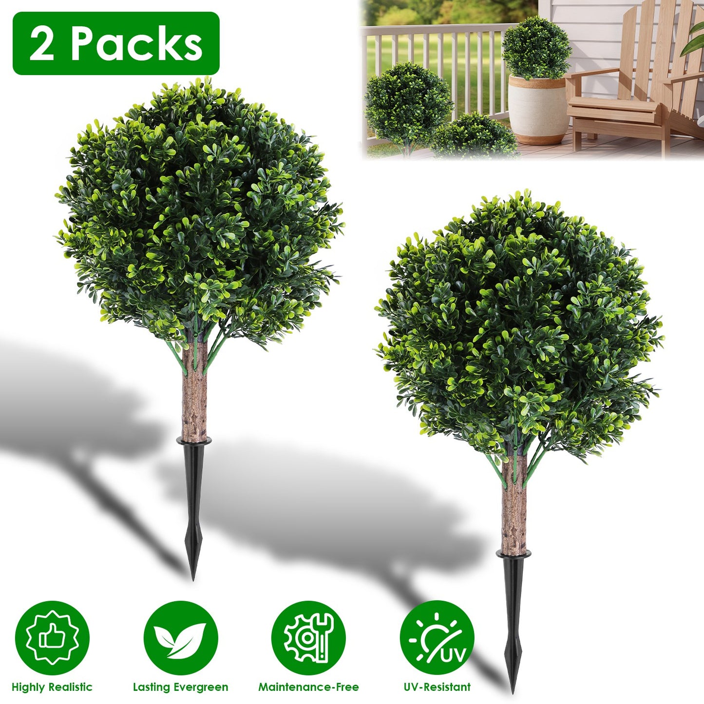 Artificial Boxwood Ball Topiary Tree with Ground Spike - 2 Pack