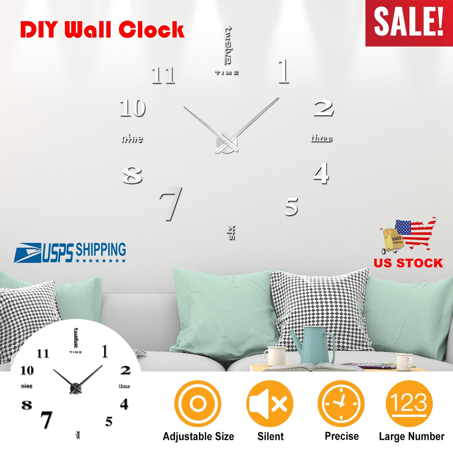 DIY 3D Mirror Wall Clock with Large Numbers