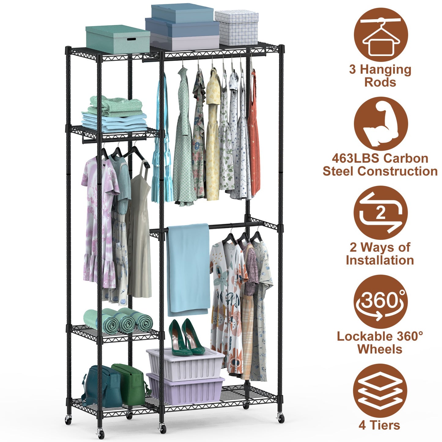4-Tier Heavy Duty Garment Rack with Wheels - 463 lbs Capacity
