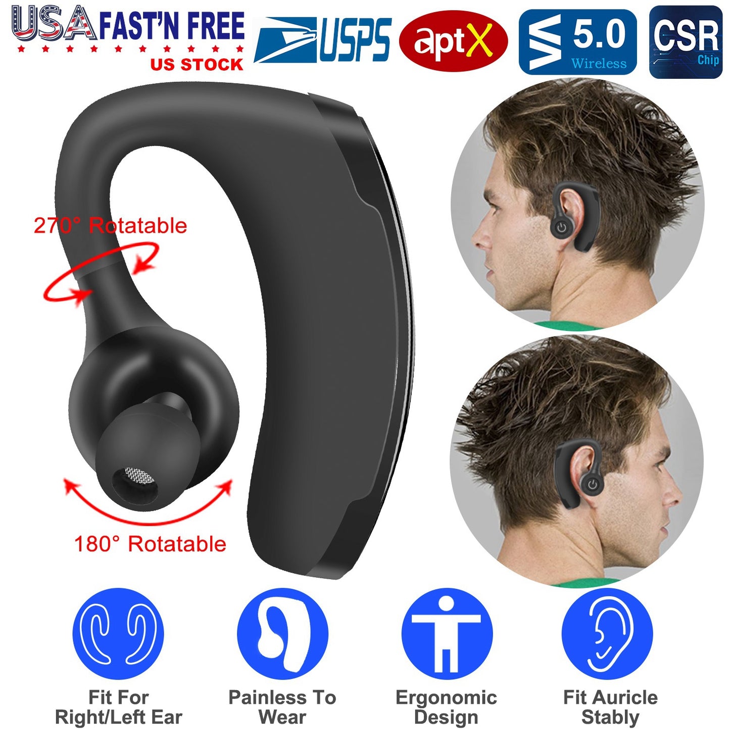 Wireless Bluetooth Earbuds with Ear Hook & 10Hr Playtime