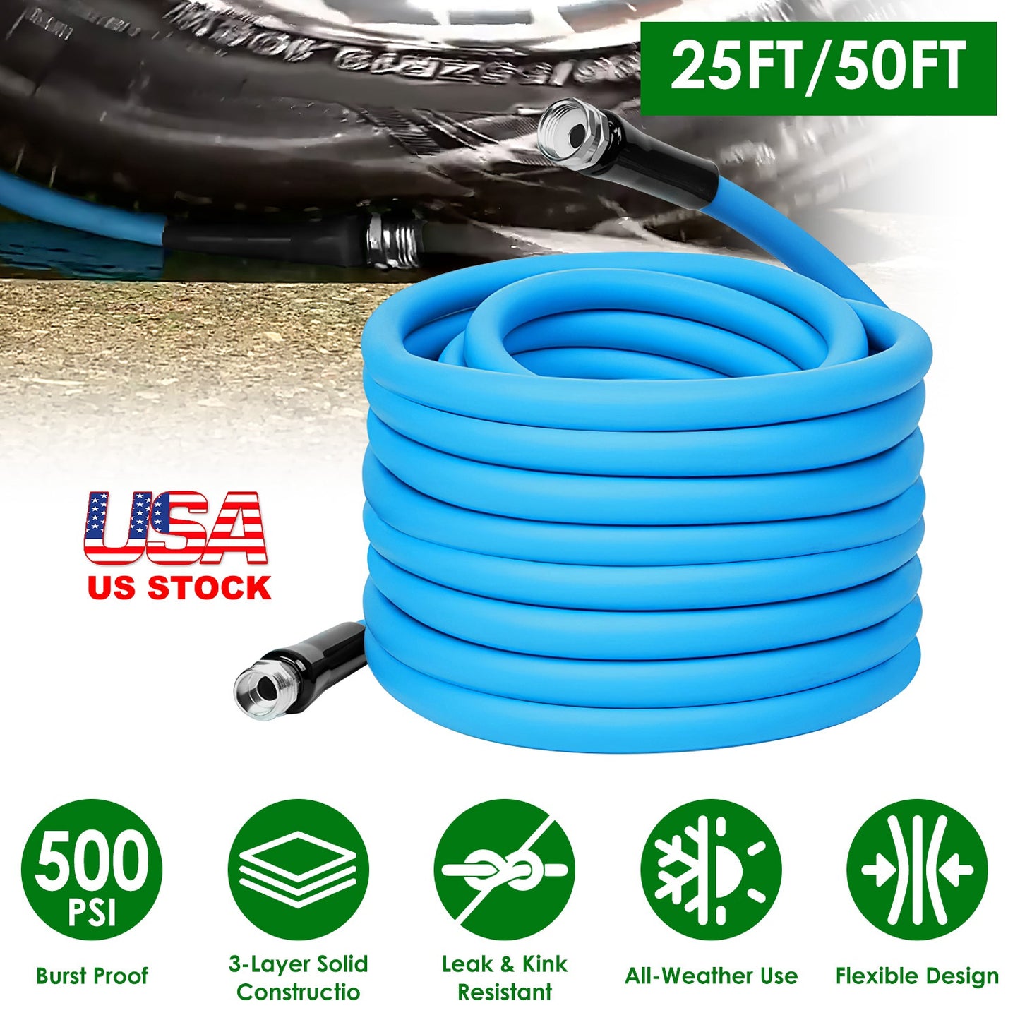 5/8" Heavy Duty PVC Garden Hose - Kink-Free, 500PSI Burst