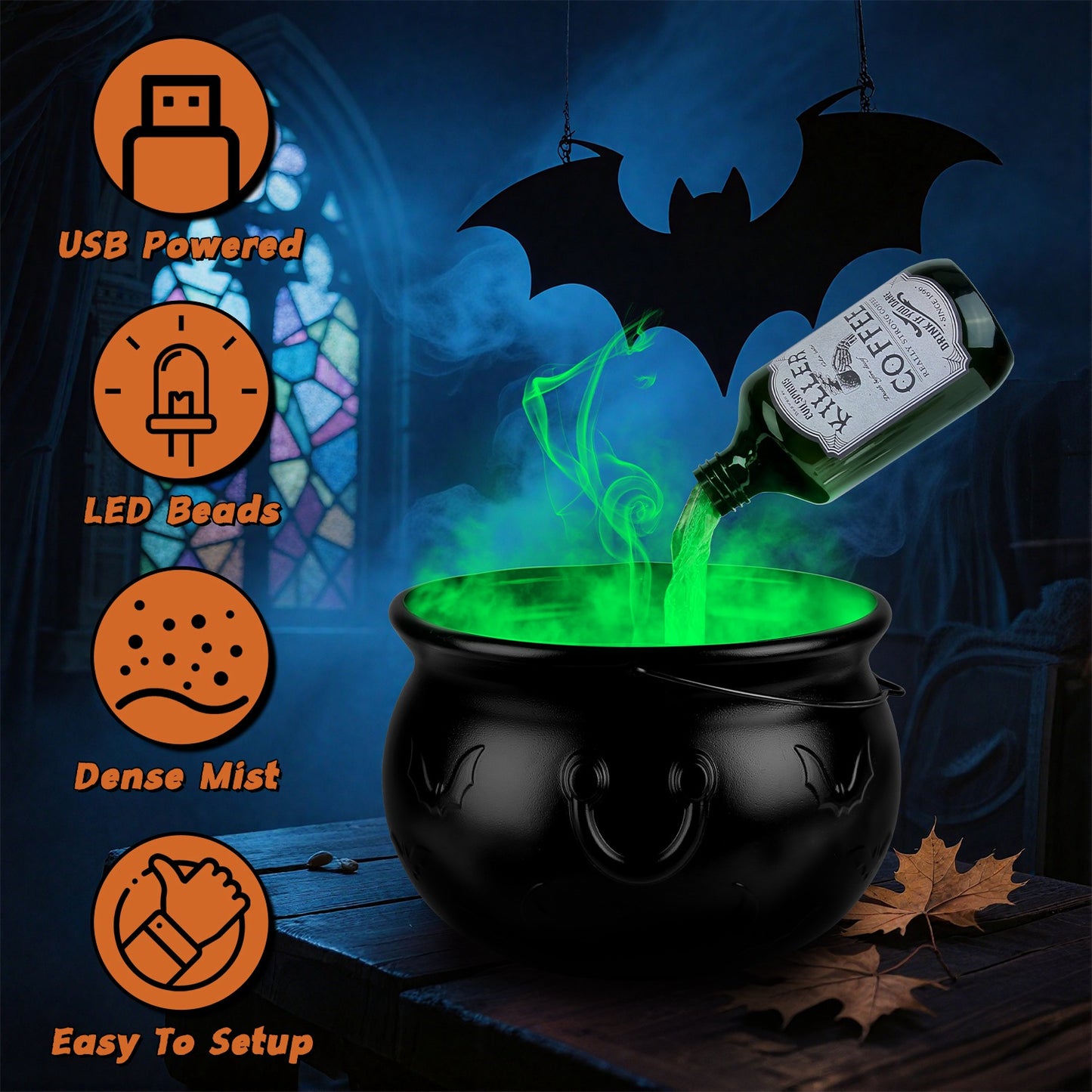 Floating Bottle Witch Cauldron with Mist Maker & Green Light
