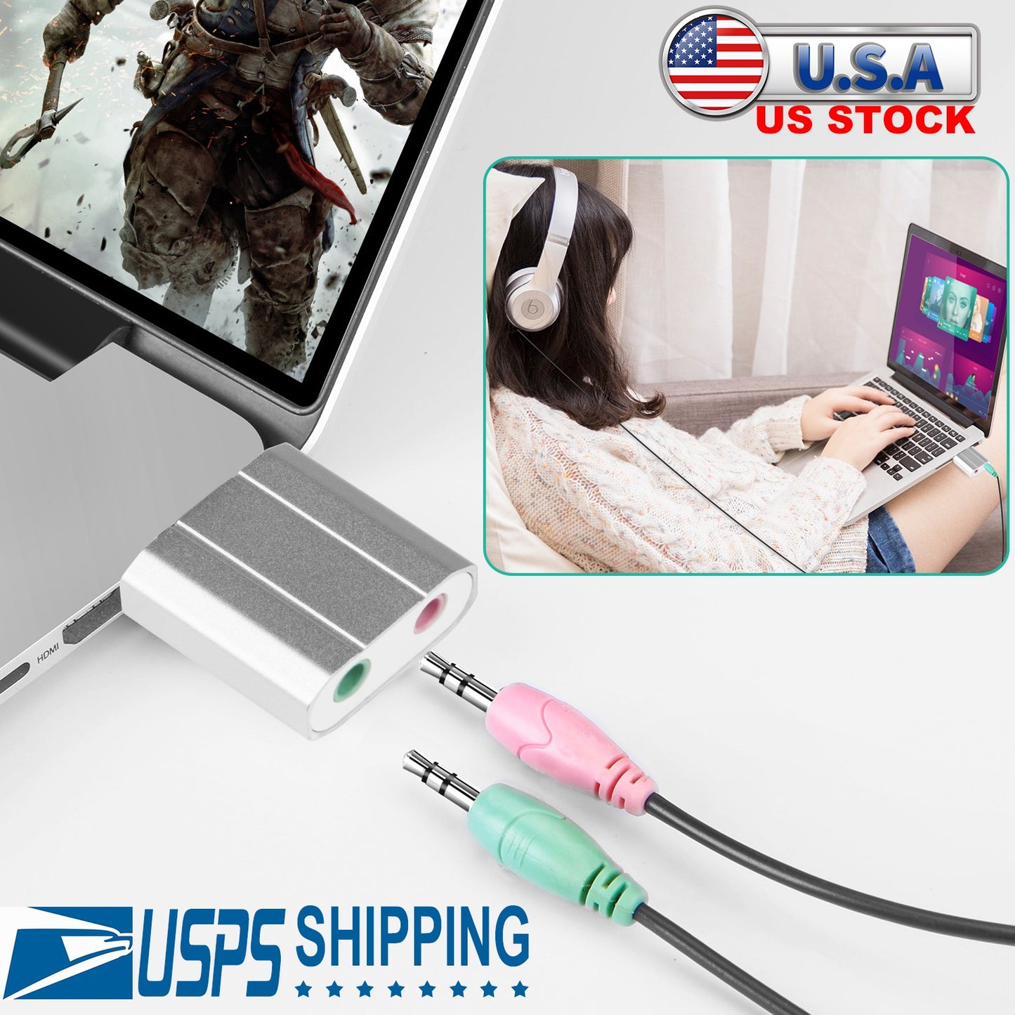 USB Audio Adapter with 3.5mm Headphone & Microphone Jacks