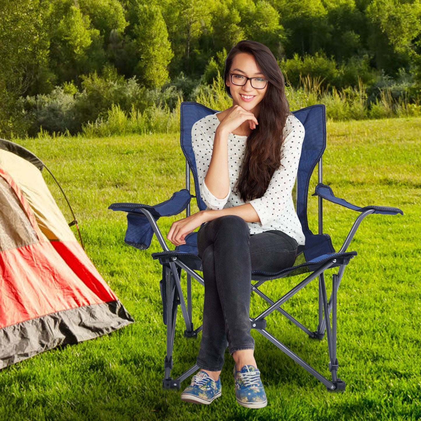 Foldable Camping Chair with Reclining Backrest - 330 LBS Capacity