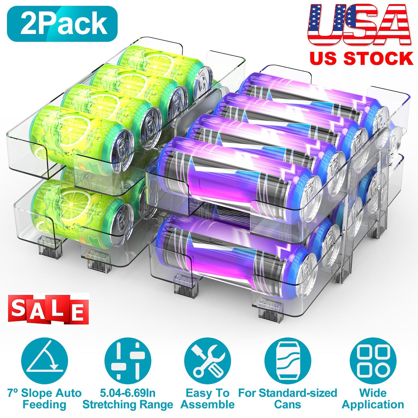 Adjustable Soda Can Organizer 2-Pack with Auto-Rolling Dispenser