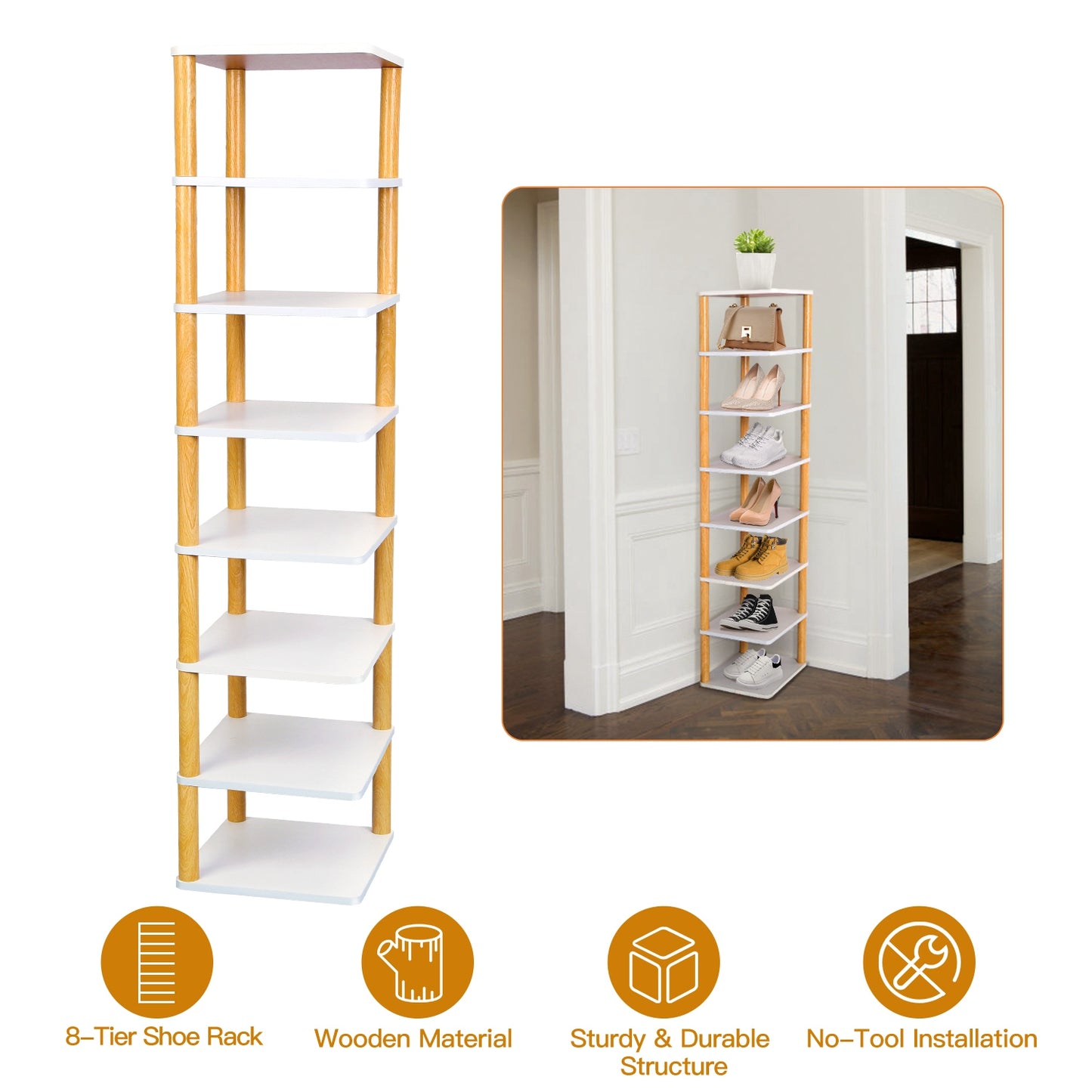8-Tier Vertical Shoe Rack - Space Saving Entryway Organizer