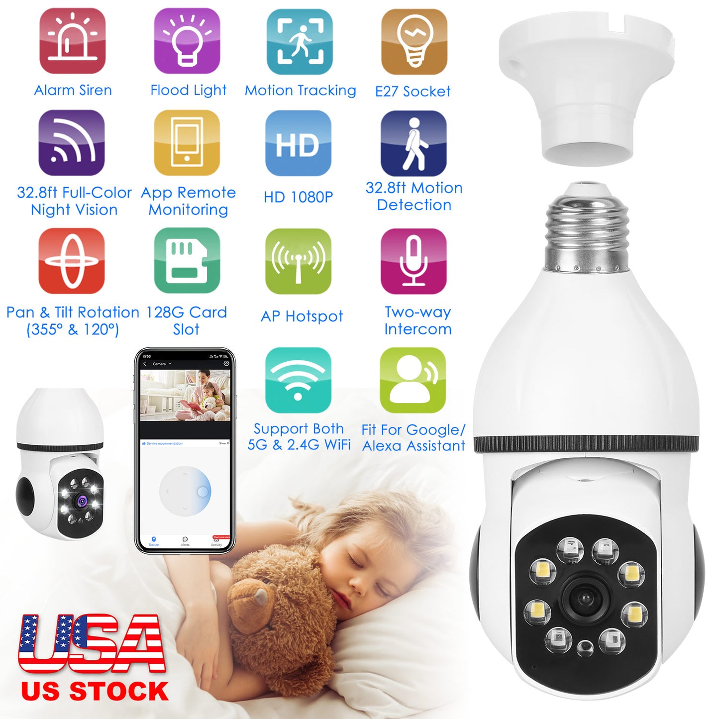E27 WiFi Bulb Security Camera 1080P with Pan Tilt & Night Vision