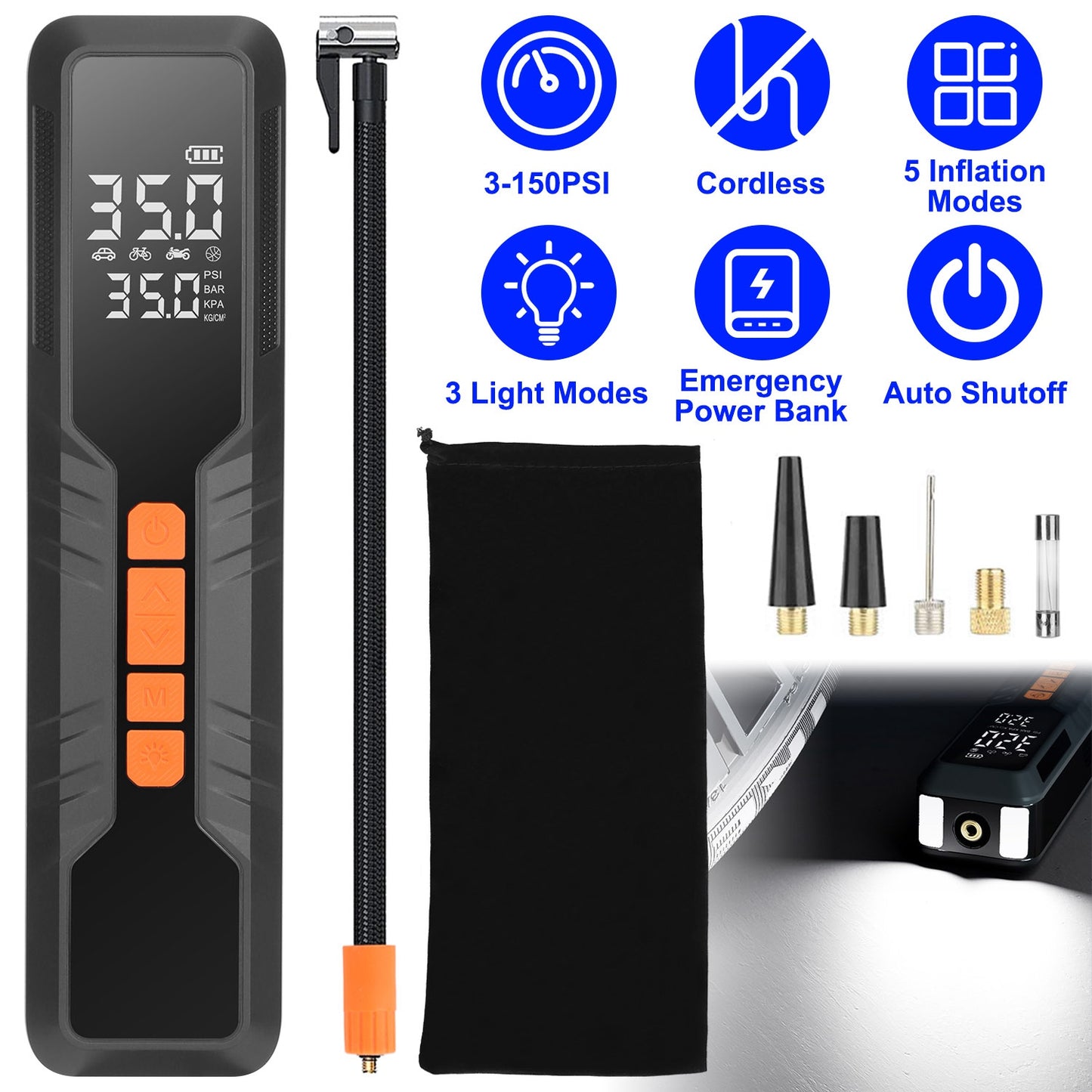 Portable Tire Inflator 150PSI Cordless Air Compressor