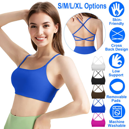 Women Cross Back Sport Bras Padded Strappy Crop Open Back Low Impact Bras Sexy Fitness Tank Tops with Removable Pads Thin Straps for Gym Yoga Workout