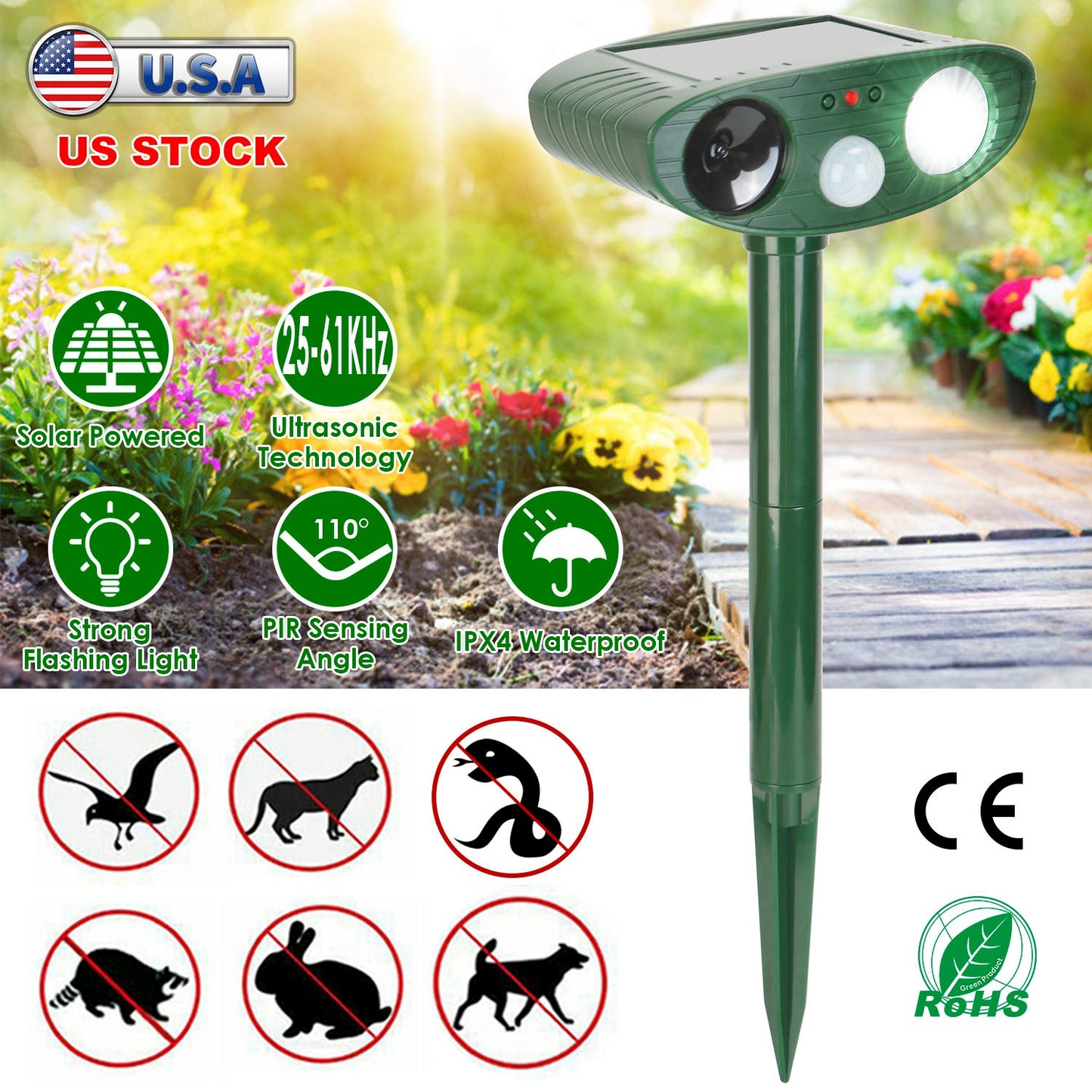 Solar Ultrasonic Animal Repeller with Motion Sensor & LED Light