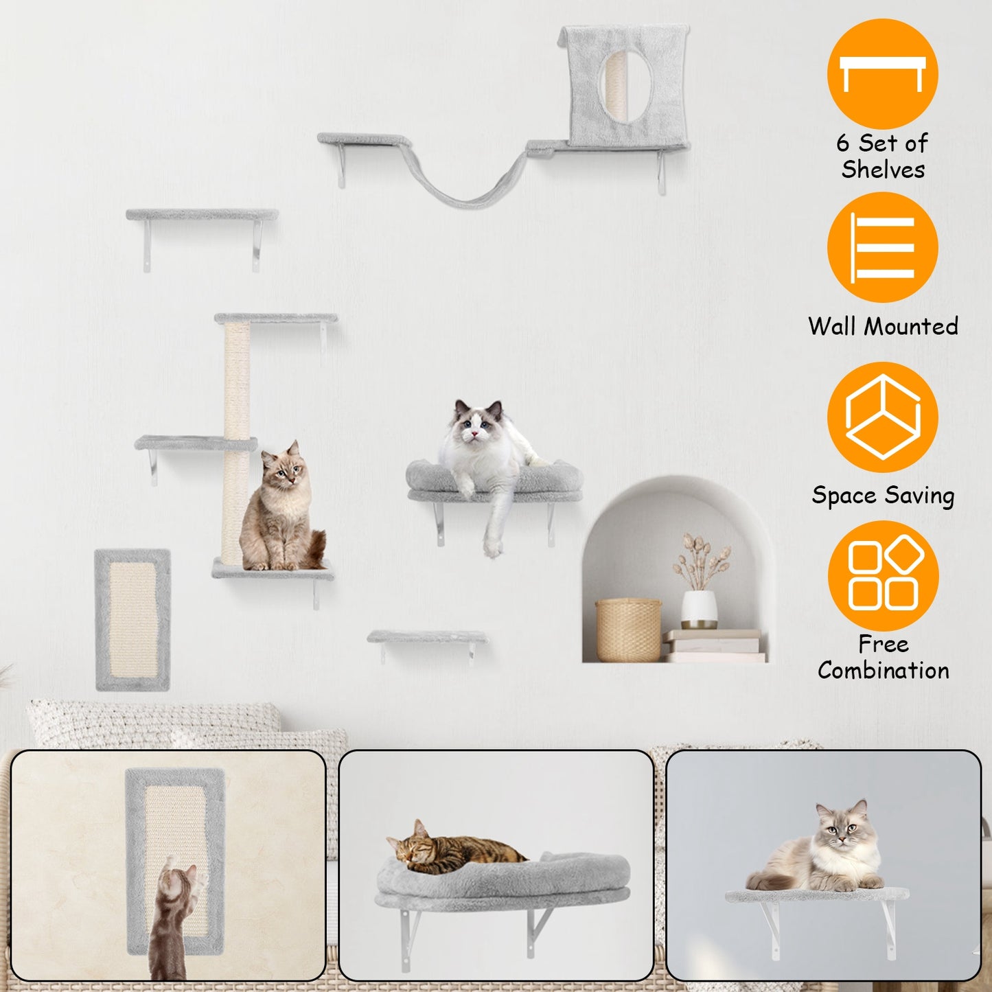 Cat Wall Shelves 6-Piece Climbing Set with Houses & Scratching Post