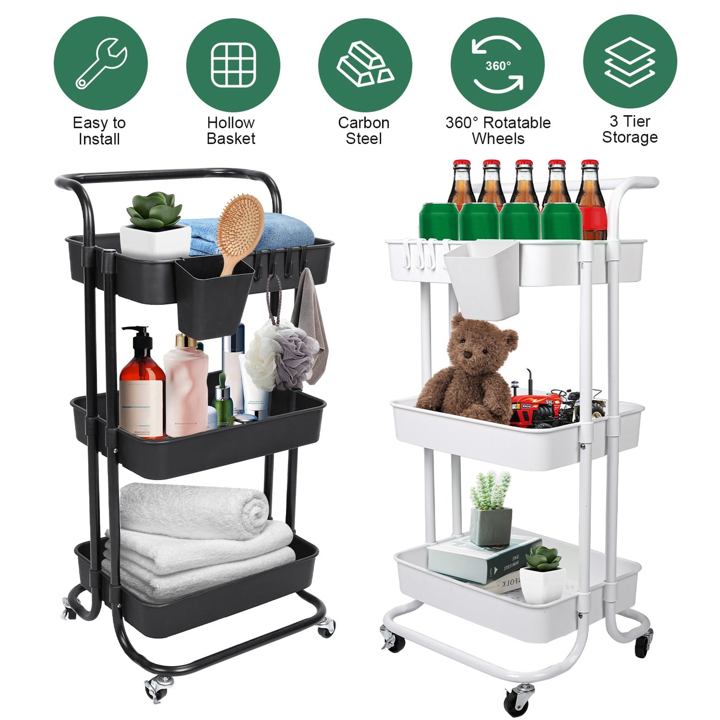 3-Tier Rolling Utility Cart with Lockable Wheels & Mesh Baskets